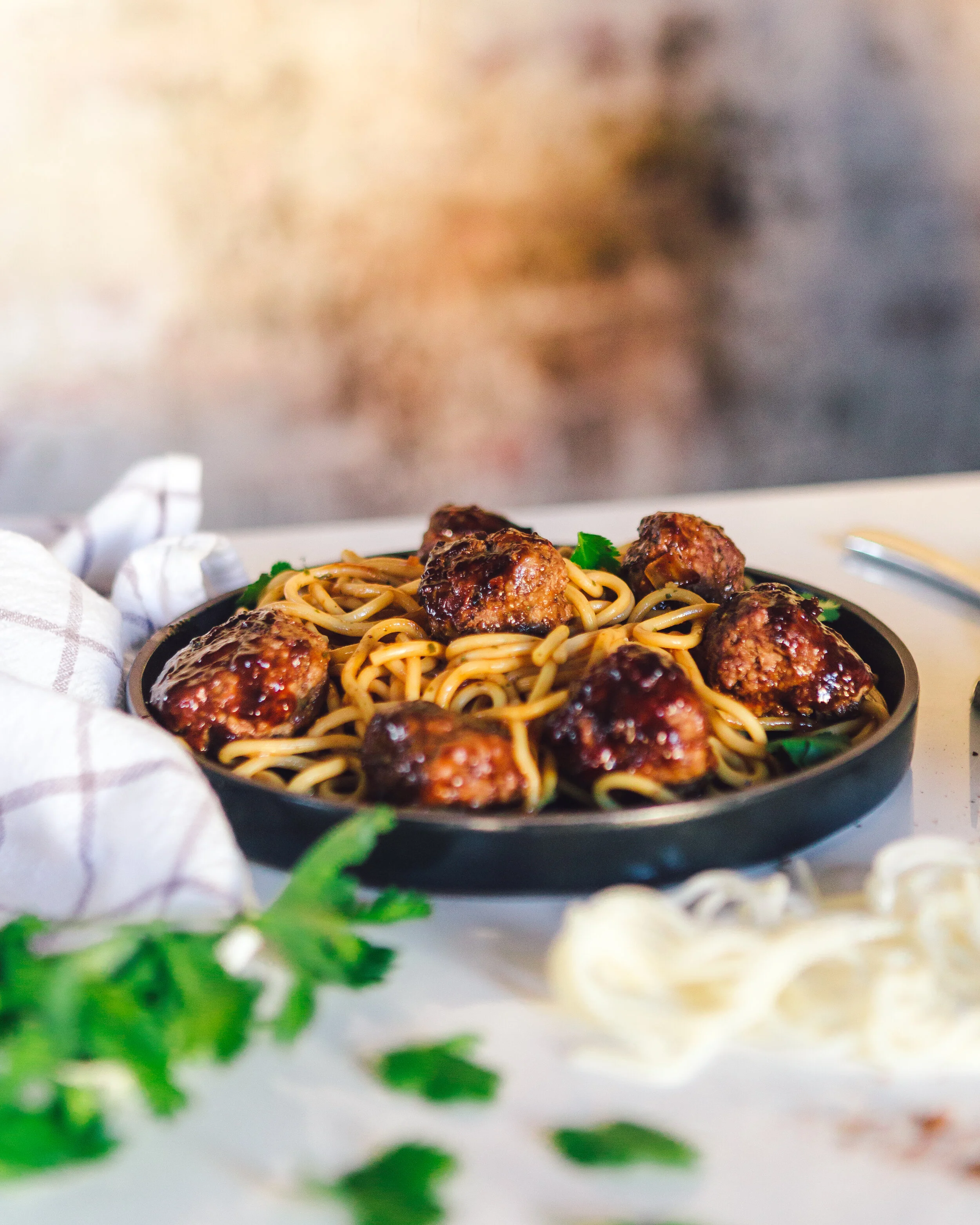 Cheesy Bison Quinoa Meatballs with Spaghetti Squash Pasta (as seen in Kentucky Monthly)