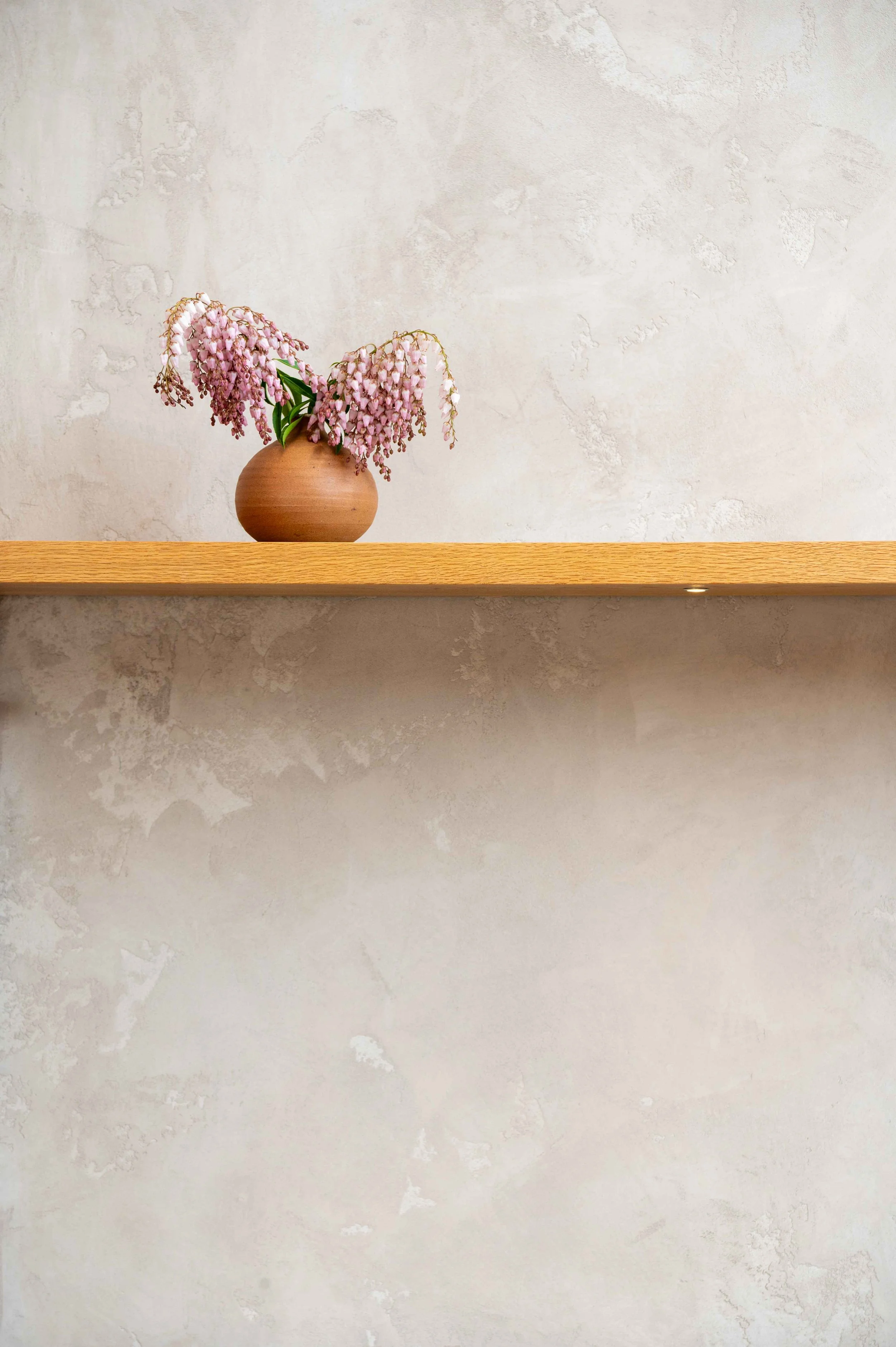 Textured Grey wall with a thick wooden shelf on which sits a ceramic vase of pink flowers.