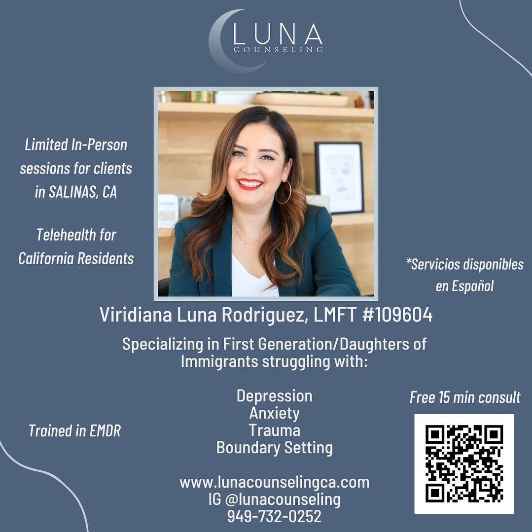 Luna Counseling is accepting new clients!!⁣

Super excited to offer in-person sessions in my hometown of Salinas, CA 😊🥗 
⁣
Schedule a free consultation and learn about Luna Counseling&rsquo;s offerings⁣
⁣
Appreciate you helping spread the word 🤍⁣
