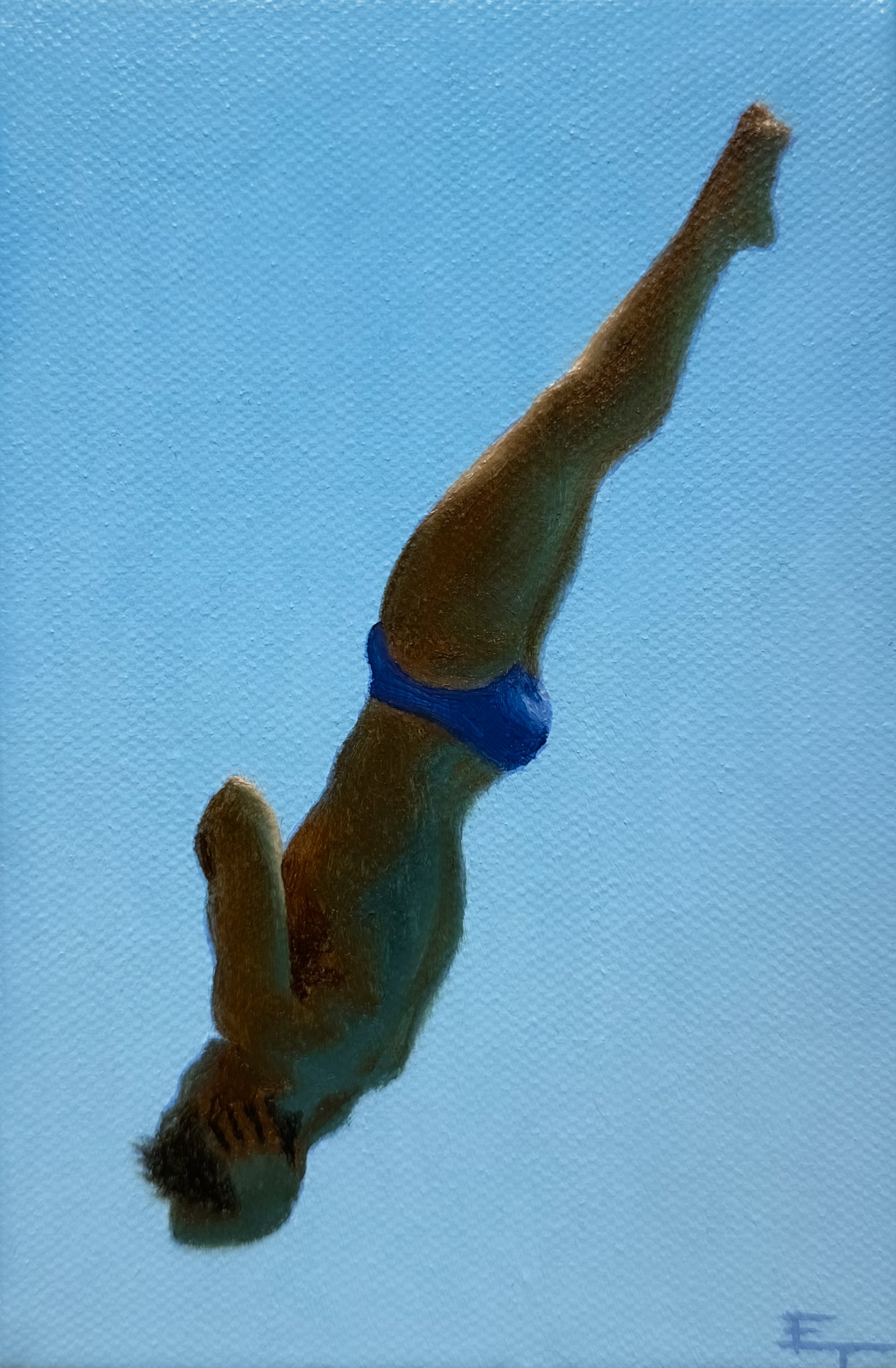 A diver twists gracefully across a vast expanse of light blue sky. The contrast between the male diver's form and the sky accentuates the moment. From a small oil painting by Eric Theodore.