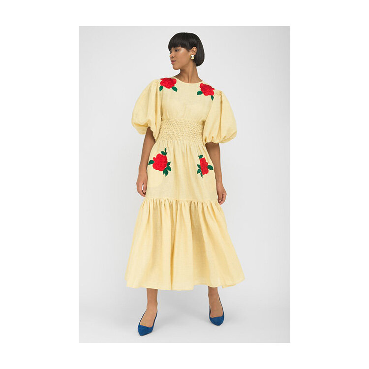 Yellow Linen Embroidered Midi Dress