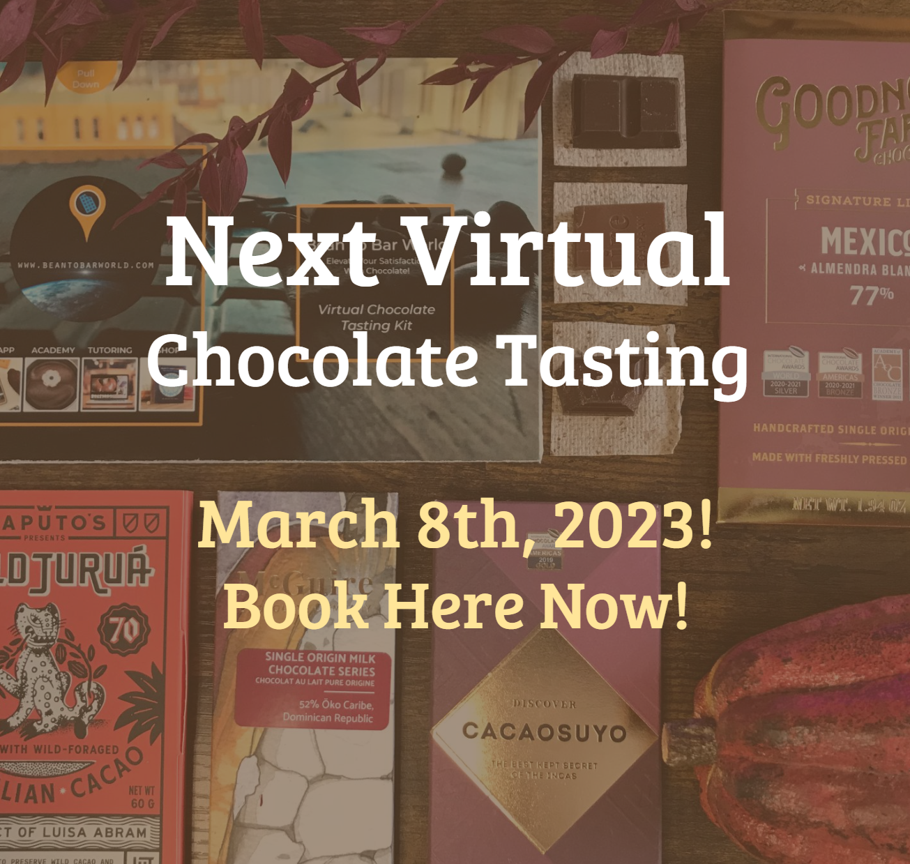 Next Virtual Chocolate Tasting March 8th 2023; 4:30-6 PM PST! ($59 Inc. Shipping)