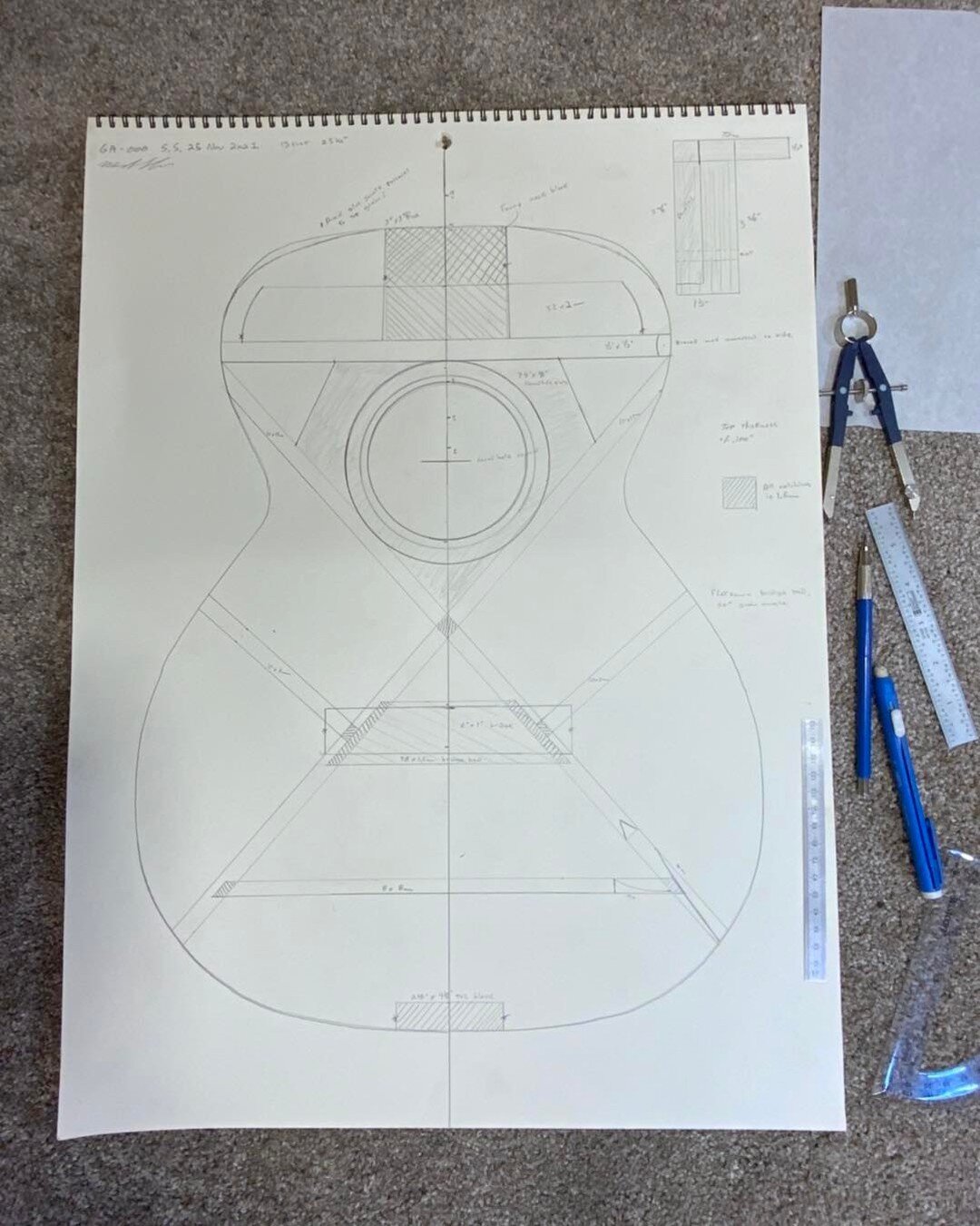 Thoughts on my next build? This is a 13 fret grand auditorium / 000 spruce top. I think I&rsquo;ll thin the top to .110 instead and replace the 10mm wide x with 8mm. Tuning will determine the scallops. I also think I&rsquo;ll make it a little more sl