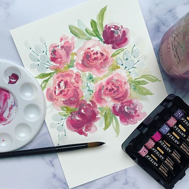 Here&rsquo;s my second &ldquo;pallet painting&rdquo;! Pinks! I could really bring myself to include that bright pearly-purple in this one... .
.
.
.
.
#arteza @artezaofficial #gouache #watercolor #watercolorpainting #watercolorflowers #watercolorflor