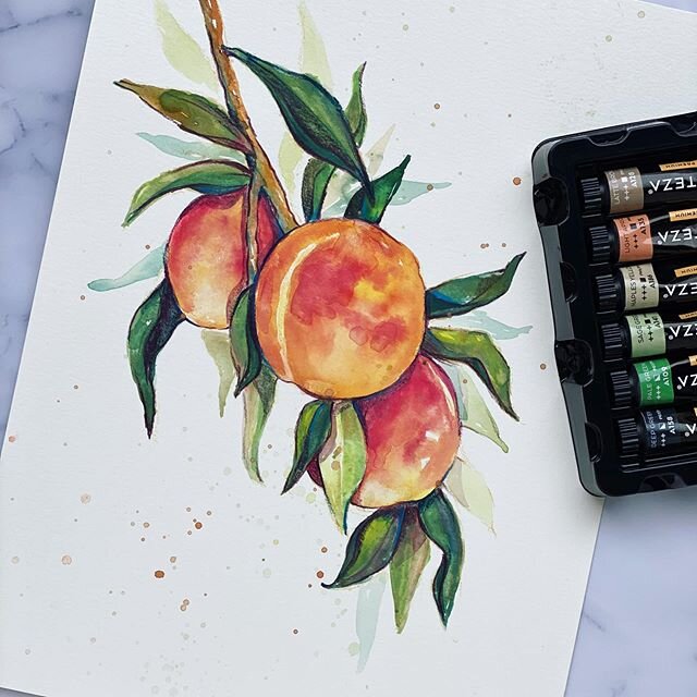 Here&rsquo;s number 3! it feels so good to have them fill up a row across my page! 🍑 😜#palettepainting
.
.
.
.
.
#arteza @artezaofficial #gouache #watercolor #watercolorpainting #watercolorpeaches #watercolorfruit #fruit #peaches #peachpainting #pa