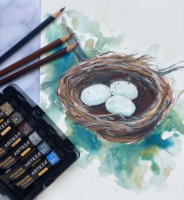Thank you so much for your help with this color palette! You had such good ideas it was hard to pick one! Here&rsquo;s my latest #palettepainting. 🐦 🥚
.
.
.
.
.
.
#artezaofficial #robineggs #birdnest #birdnestpainting #robinsnestpainting #robins #w
