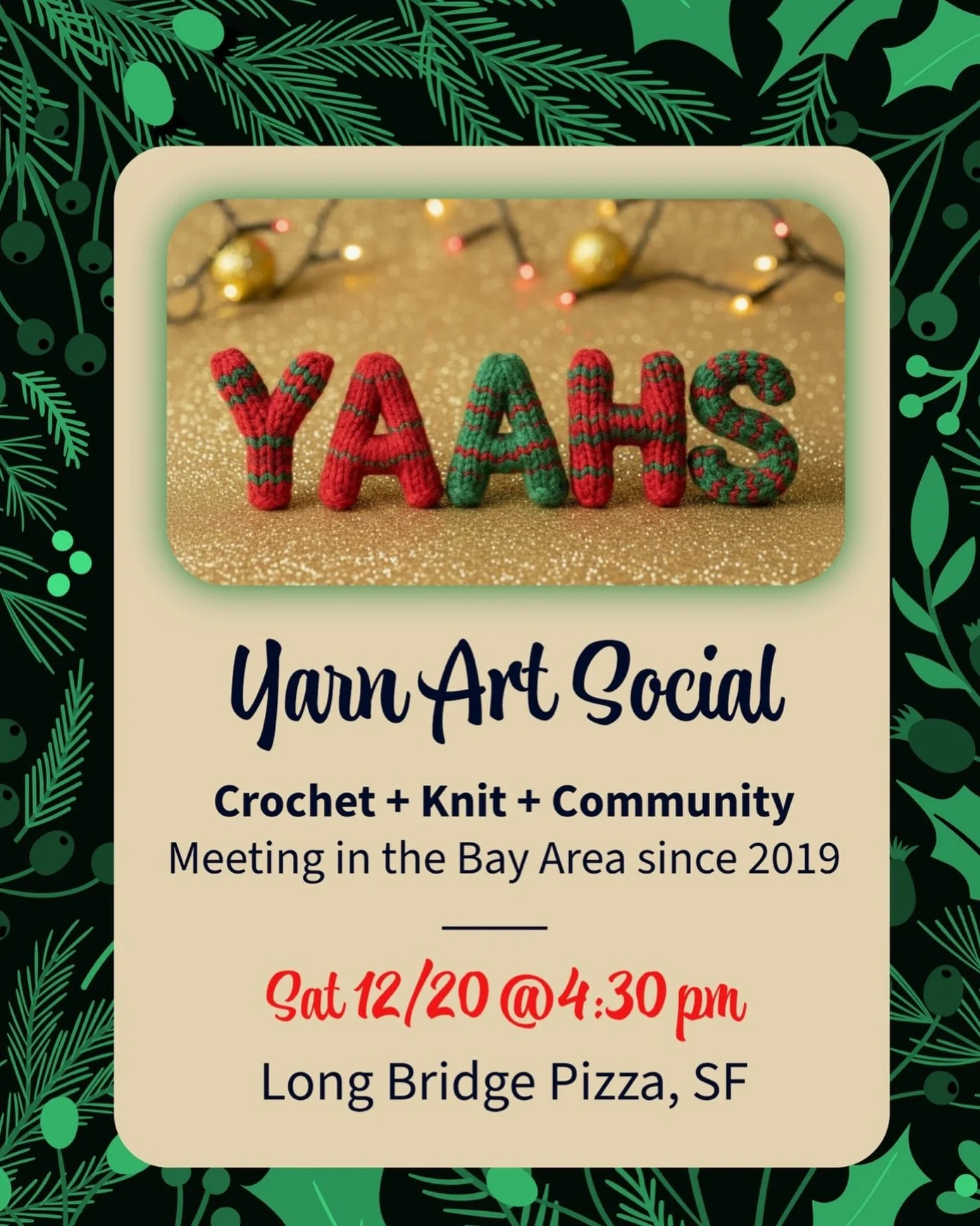 Join us tomorrow: for a very merry Yaahs-mas 

TBD if I&rsquo;ll be able to finish my ugly Xmas sweater (I started it in 2023 but am working at it frfr this month!!!) and with one day left I don&rsquo;t think ill finish it in time to wear, but excite