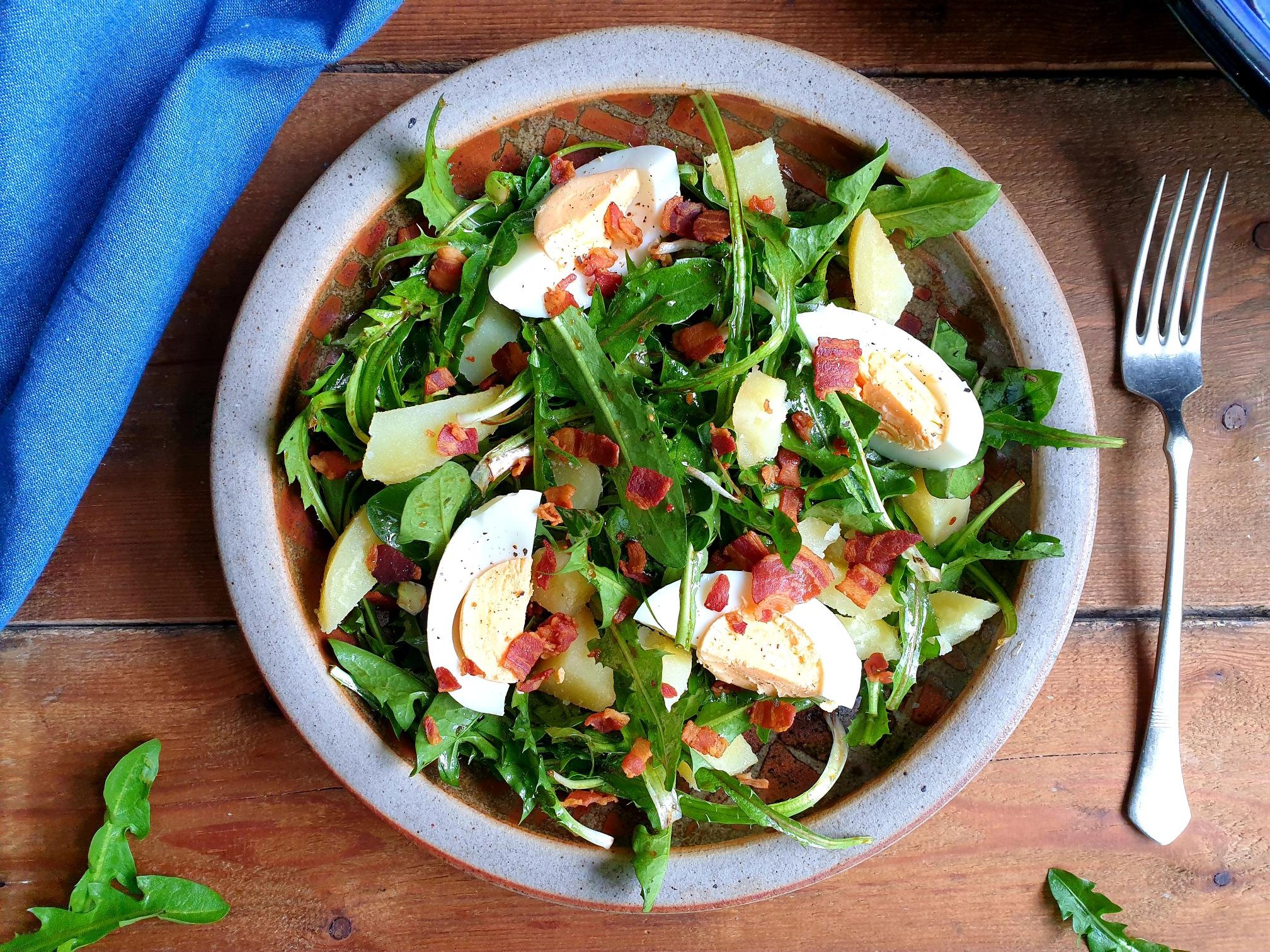 Dandelion Salad with hard boiled eggs, boiled potatoes and crispy pancetta Recipe