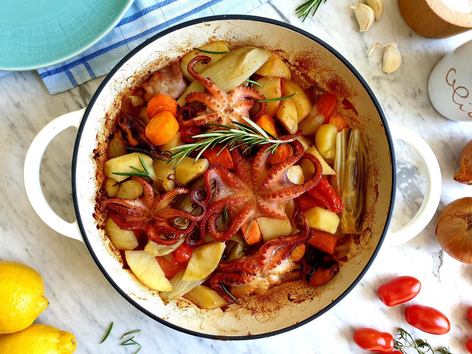 One pot Roasted Octopus with Potatoes and Vegetables Istrian Recipe (Octopus Peka)