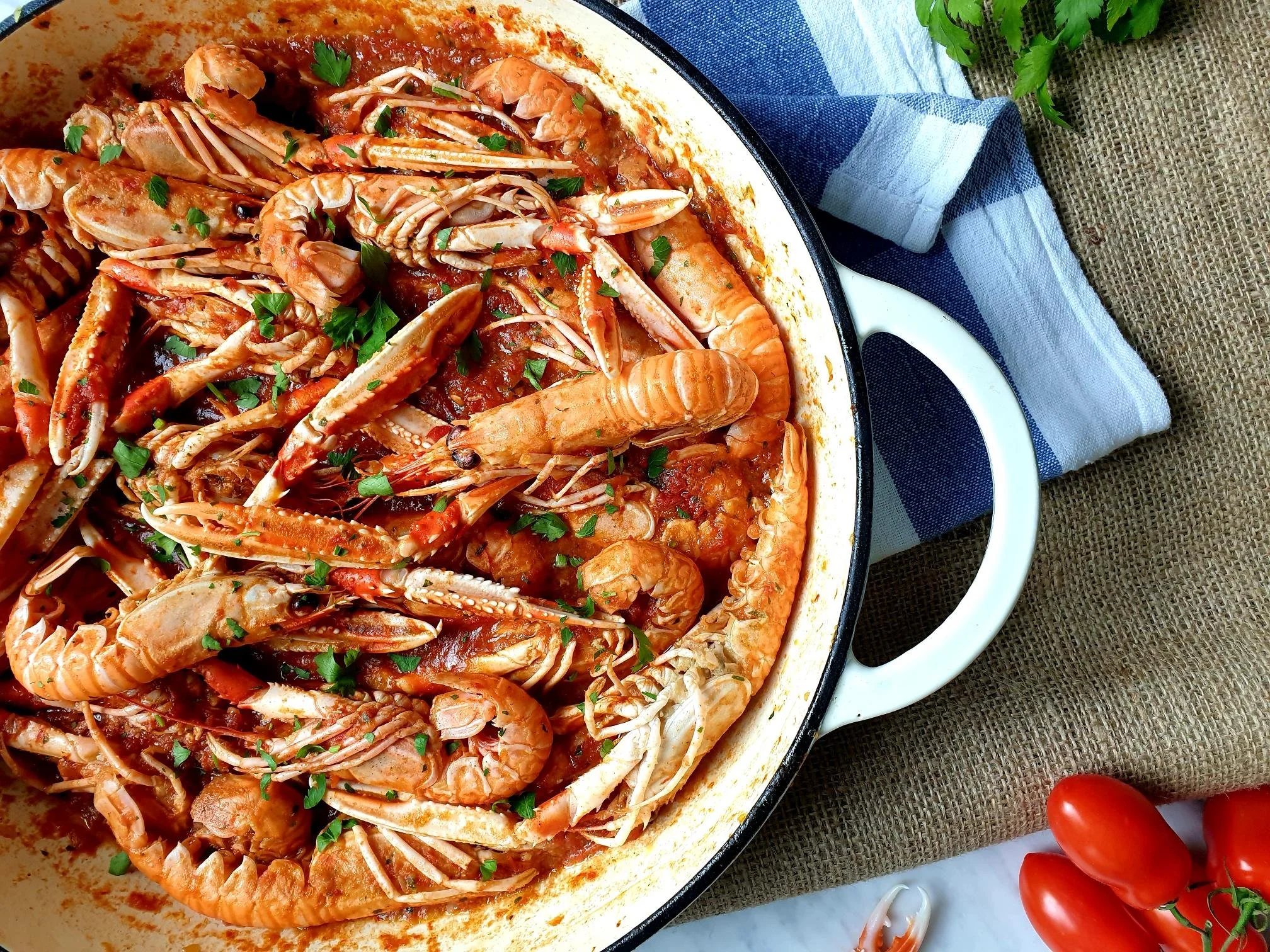 Scampi in tomato (buzara style) sauce Istrian Recipe