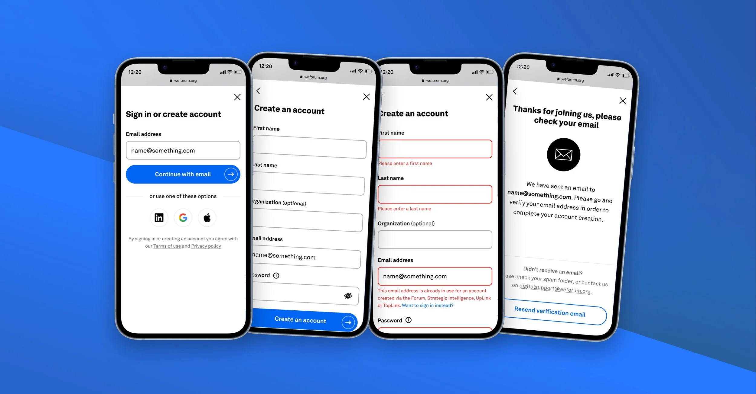 Create an account screens