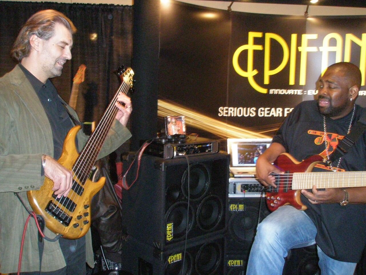  Playing my beautiful MTD fretless 6-string bass with Andrew Gouche in the MTD/Epifani booth at Bass Blayer Live in New York 2007