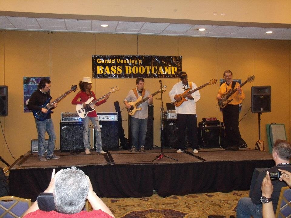 Adam Nitti, Nikki West, Damian Erskine, Gerald Veasley and Patrick Pfeiffer performing in the “Bass Circle” at Bass Boot Camp 2012