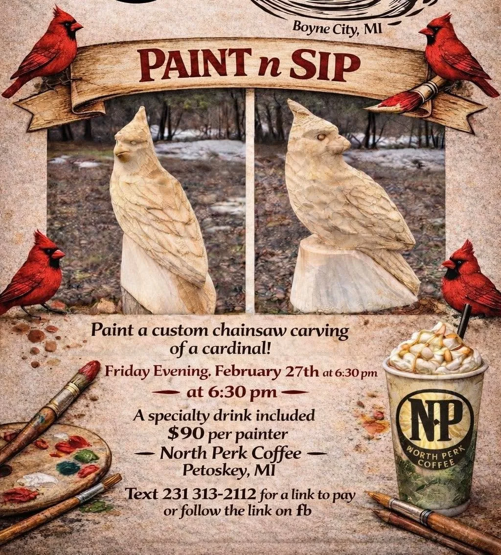 The saw dust is flying just like these beautifully carved cardinals will be flying to the Studio in February! There are still a limited amount of spots left to enjoy this one of a kind experience! Sales will be cut off February 1st! 
Each cardinal wi