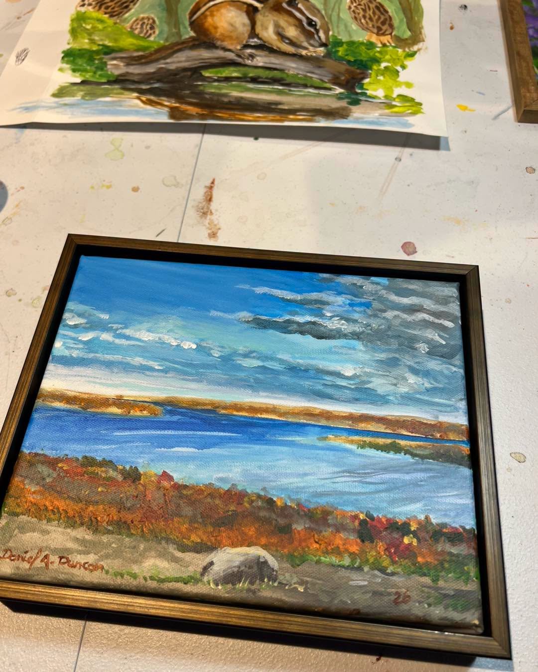 Every time I make the hike up to the best view in Northern Mi, I always sit on that rock to enjoy the splendor! 
The Rock 🪨
This original painting was created specifically for the event in the flyer. It will be up for auction.