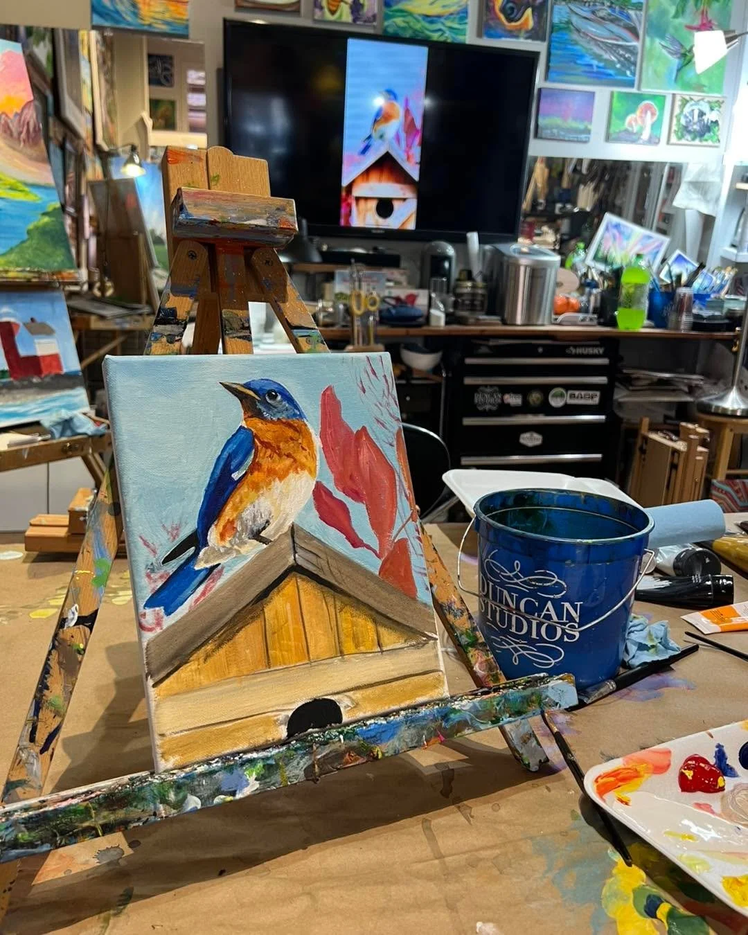 Four different lessons, we are on our 2nd hour of the bluebird with Susan, worked on an avocado with Isabella, Vivian wanted to create a warm beach, and Norah wanted to make a colorful tree! In between I managed to meet Mrs. D to get a couple hours i