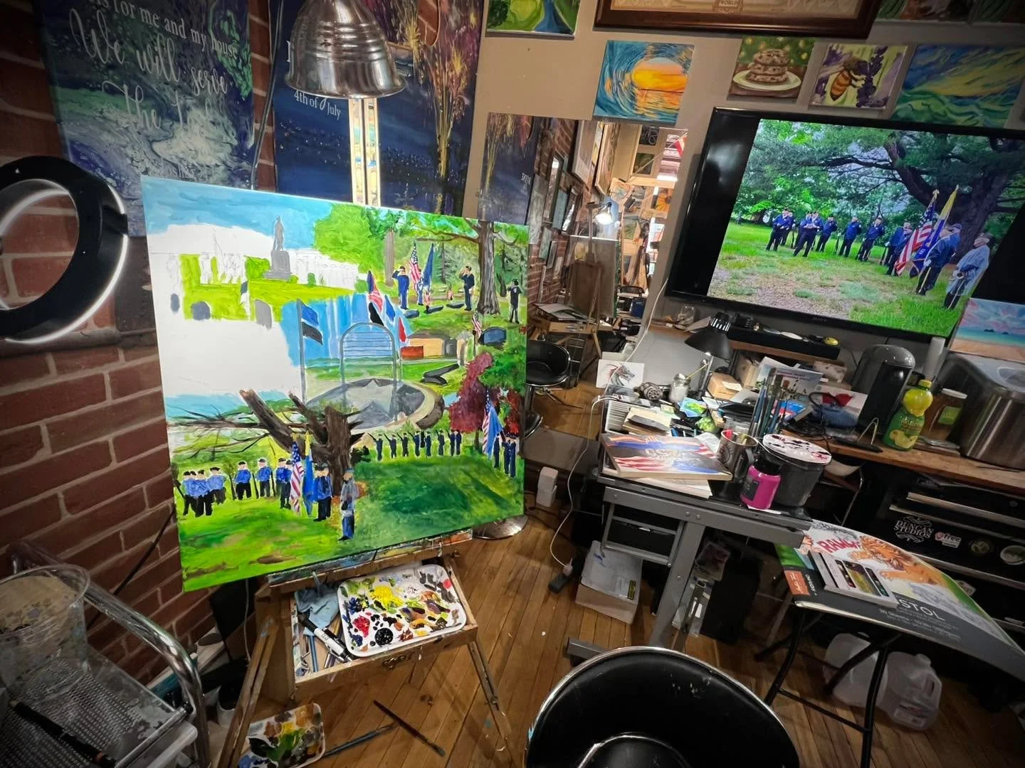 Painted live last Memorial Day with one of Grandpa&rsquo;s little buddies. He worked so hard on his American flag it plum wore him out! 😂
I just pulled my canvas off the wall this week to try and finish it. I&rsquo;m hopeful I will get nearly finish