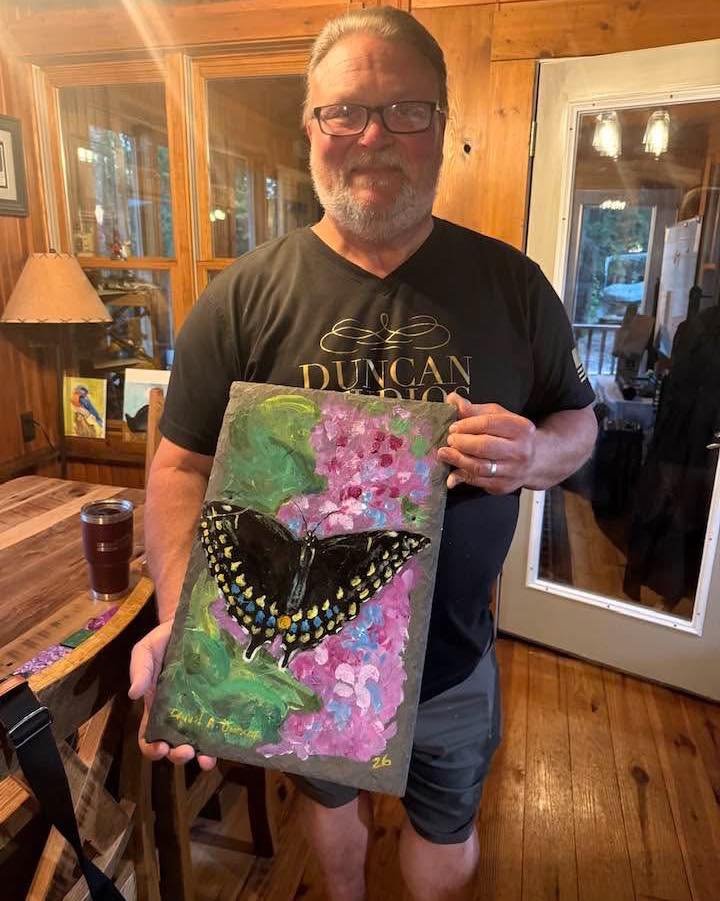 Yesterday I captured a black swallowtail on our lilacs. Turned it into a paint n sip on slate tiles this evening! I painted mine on a larger slate roof tile.