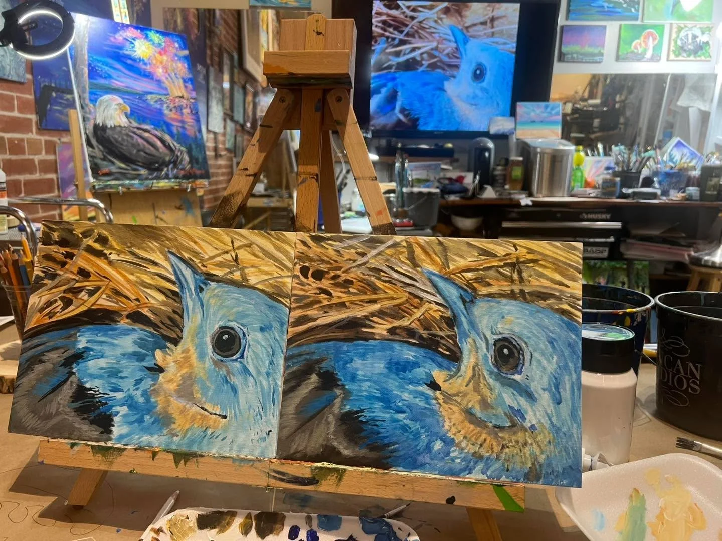 Finishing up this week with the last few students. Addison painter her families yacht as they went under the Mighty Mac, and Isabella chose my bluebird from the backyard as her first canvas painting. Hard to tell the difference between the two!