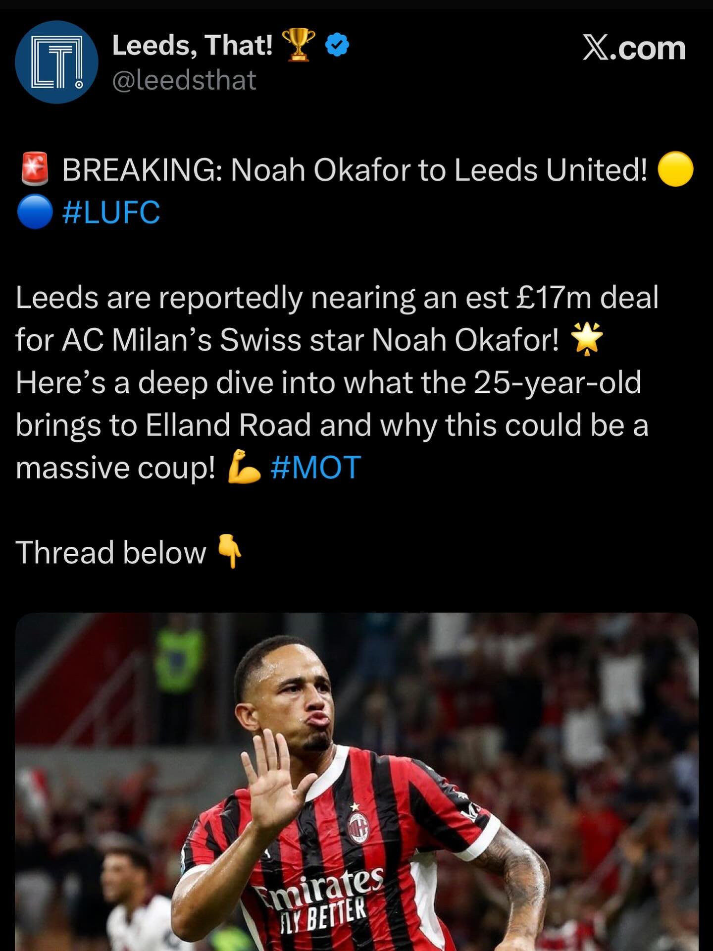 Okafor signs for Leeds. Let&rsquo;s go! #lufc #leedsunited