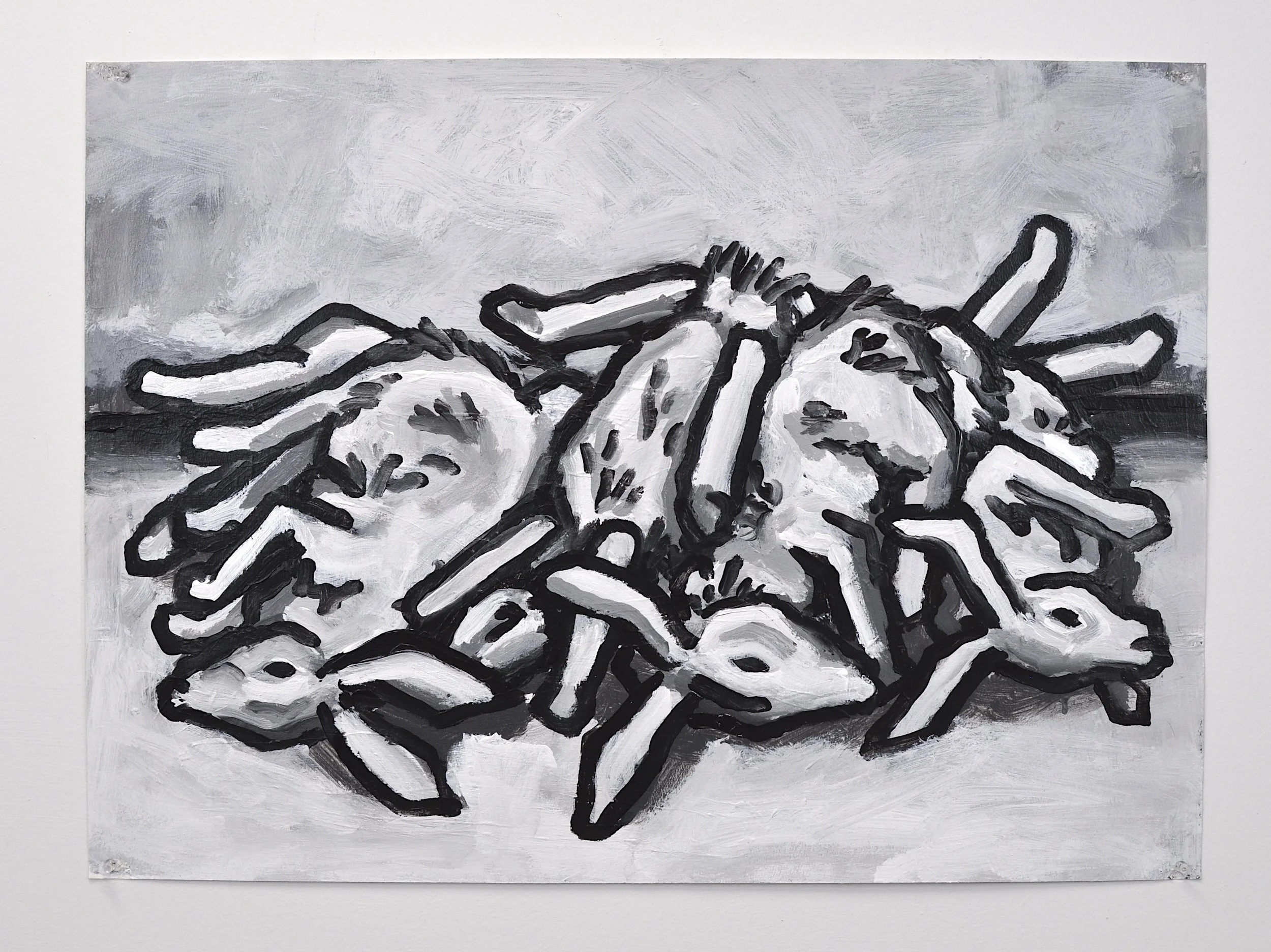 “A Pile of Rabbits”, Acrylic on paper, 2025, 22” x 30"