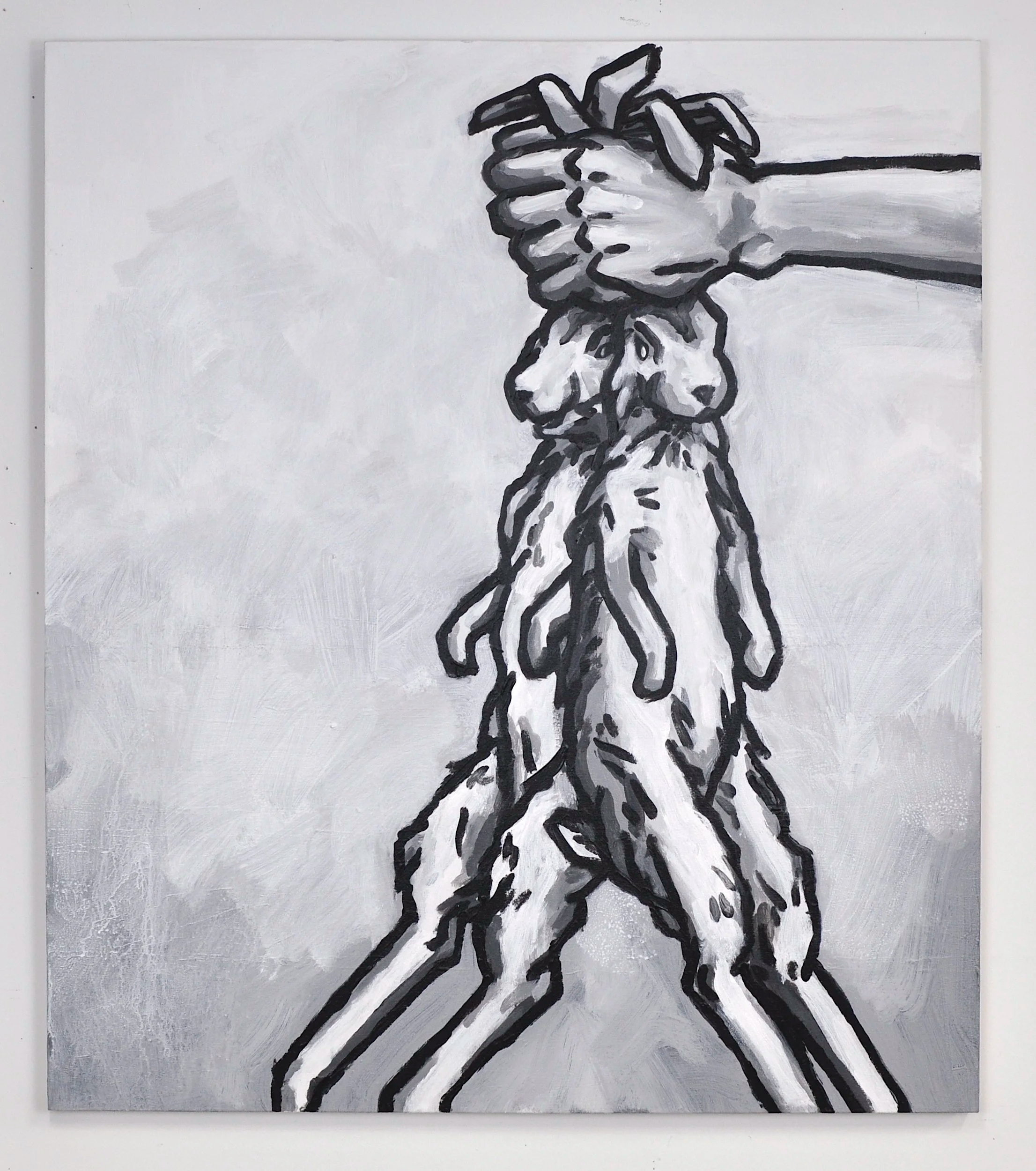 "A Brace of Rabbits (Food)", Acrylic on Canvas, 2025, 48” x 42"