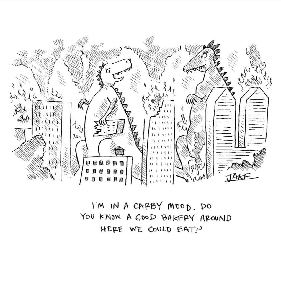 This is an actual image of me at around 3pm when I'm at my metabolic low. Happy Monday!
.
.
.
.
.
.
#bakery #sweettooth #pie #godzilla #newyorker #bakedgoods #dessert #mondaymood #cake #newyork #cartoonstrip #cartoons #cartoonist #captionedimage #sug