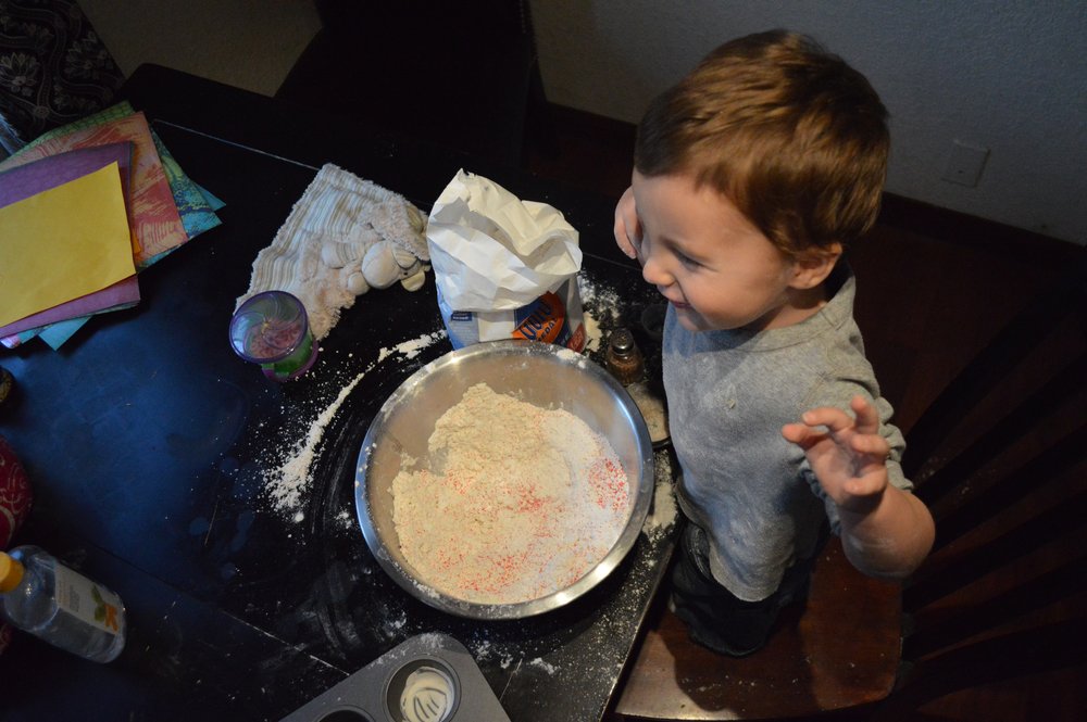  I often let our children “bake” with real ingredients. Flour, sprinkles, coffee and rice were our go-tos. Messy, for sure, but a lot of fun! I would save the ingredients for a few rounds of play, and then toss. 
