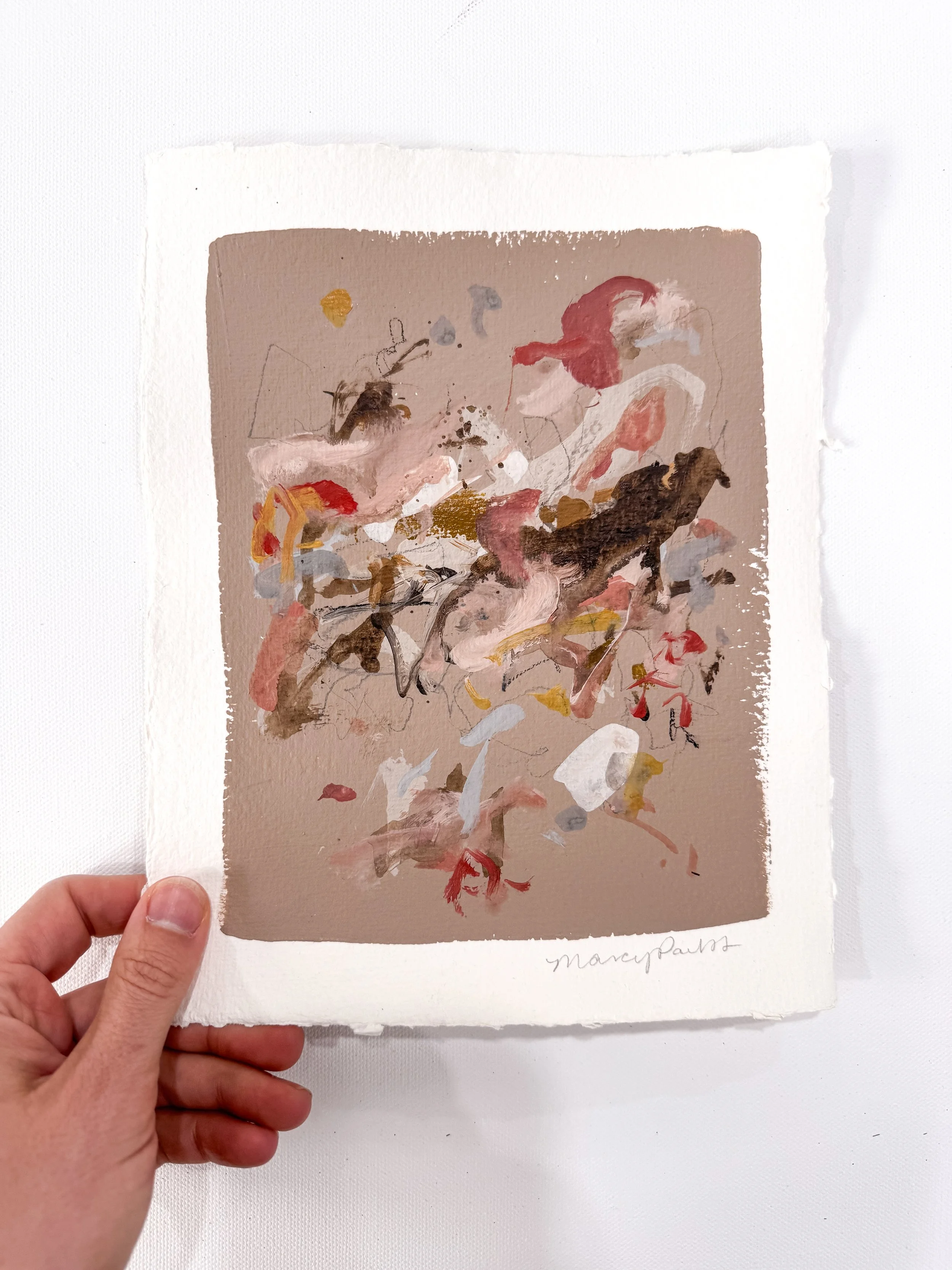 Small original abstract painting on handmade paper with taupe background and multicolor marks