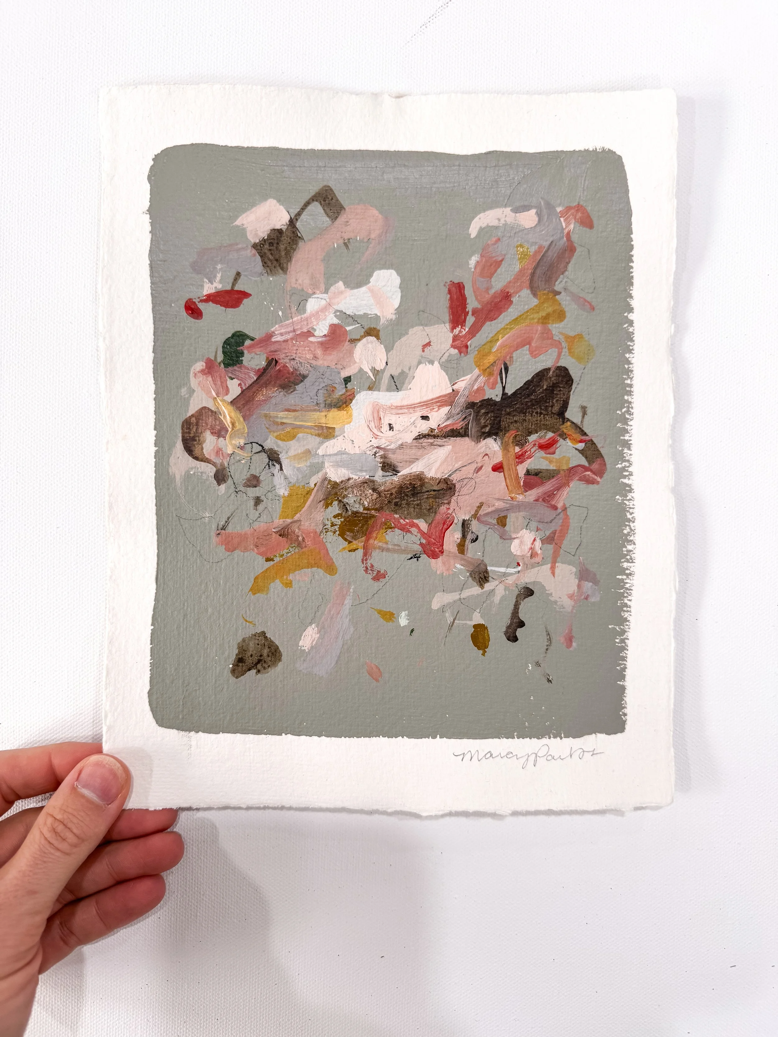 Original abstract painting on handmade paper with a light sage green background and multicolor marks