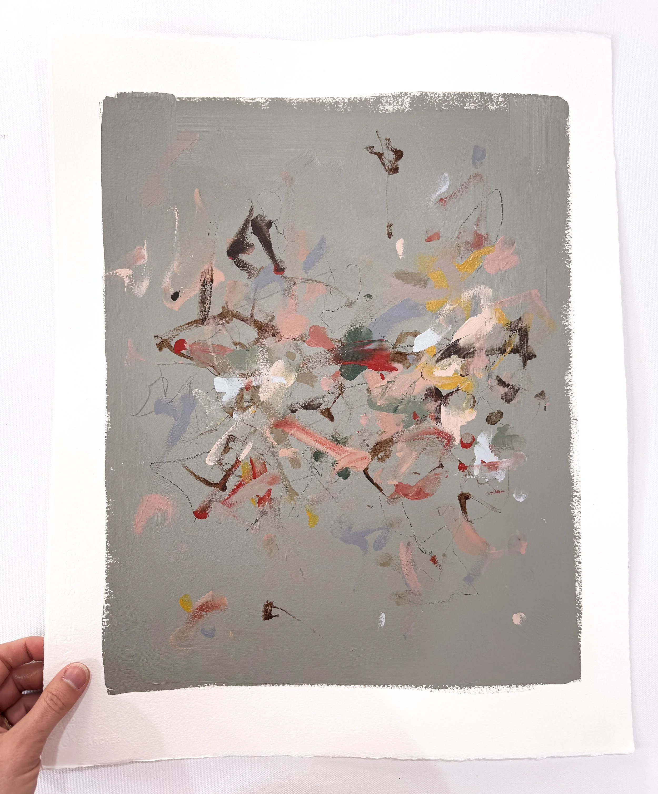 Original abstract painting on paper with sage green background and multicolor marks