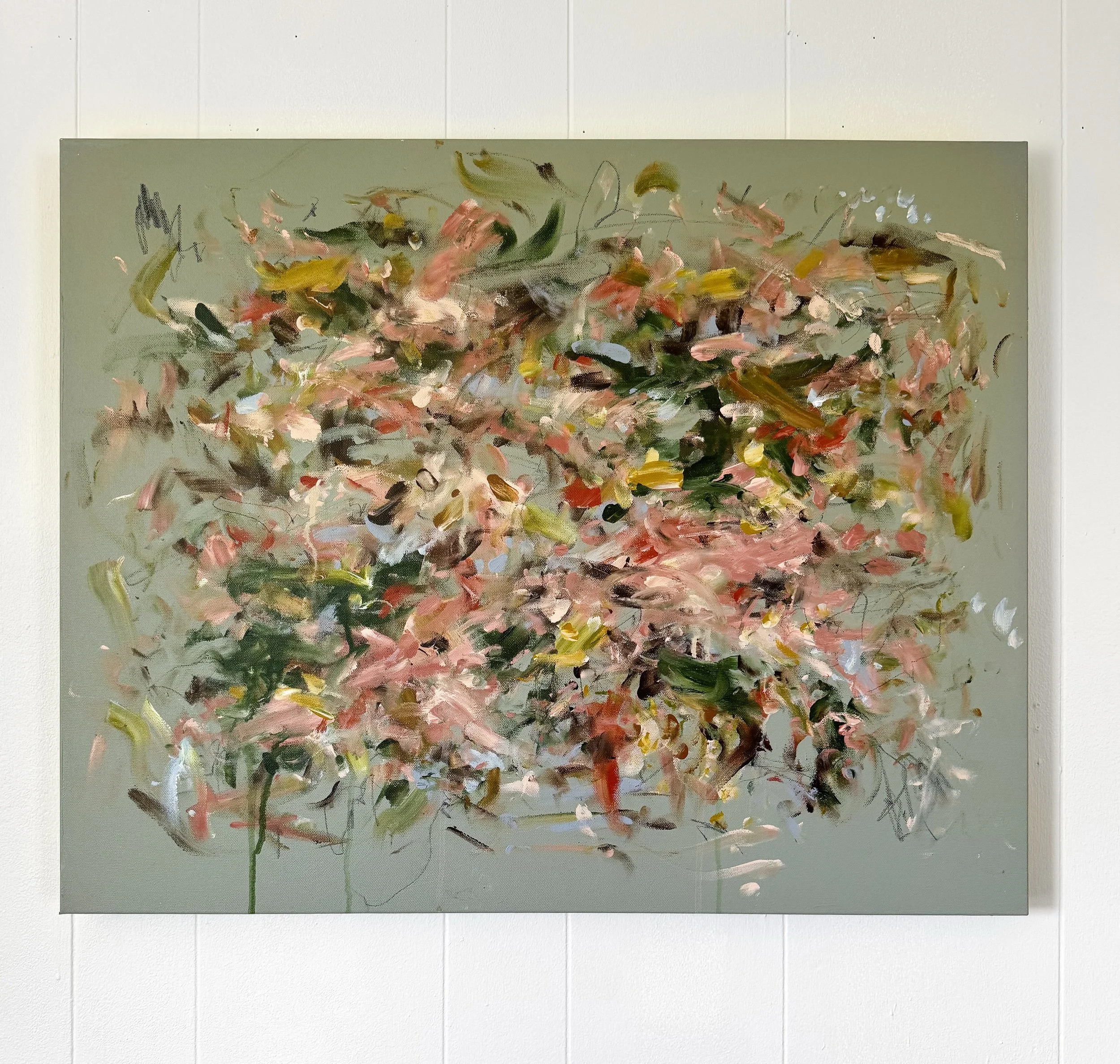 original abstract painting with sage green background and multicolor marks