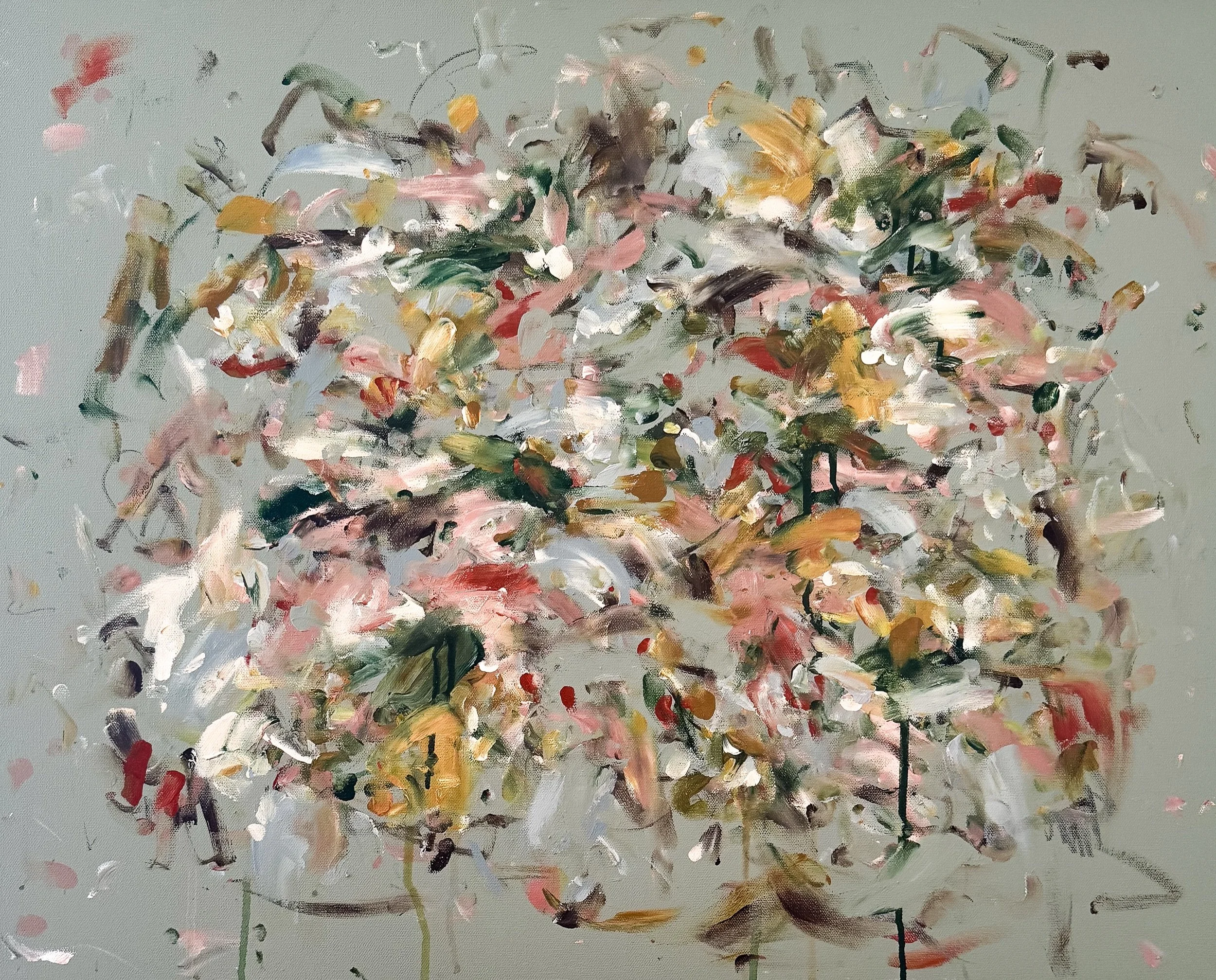 details of abstract painting with soft green background and multicolor marks