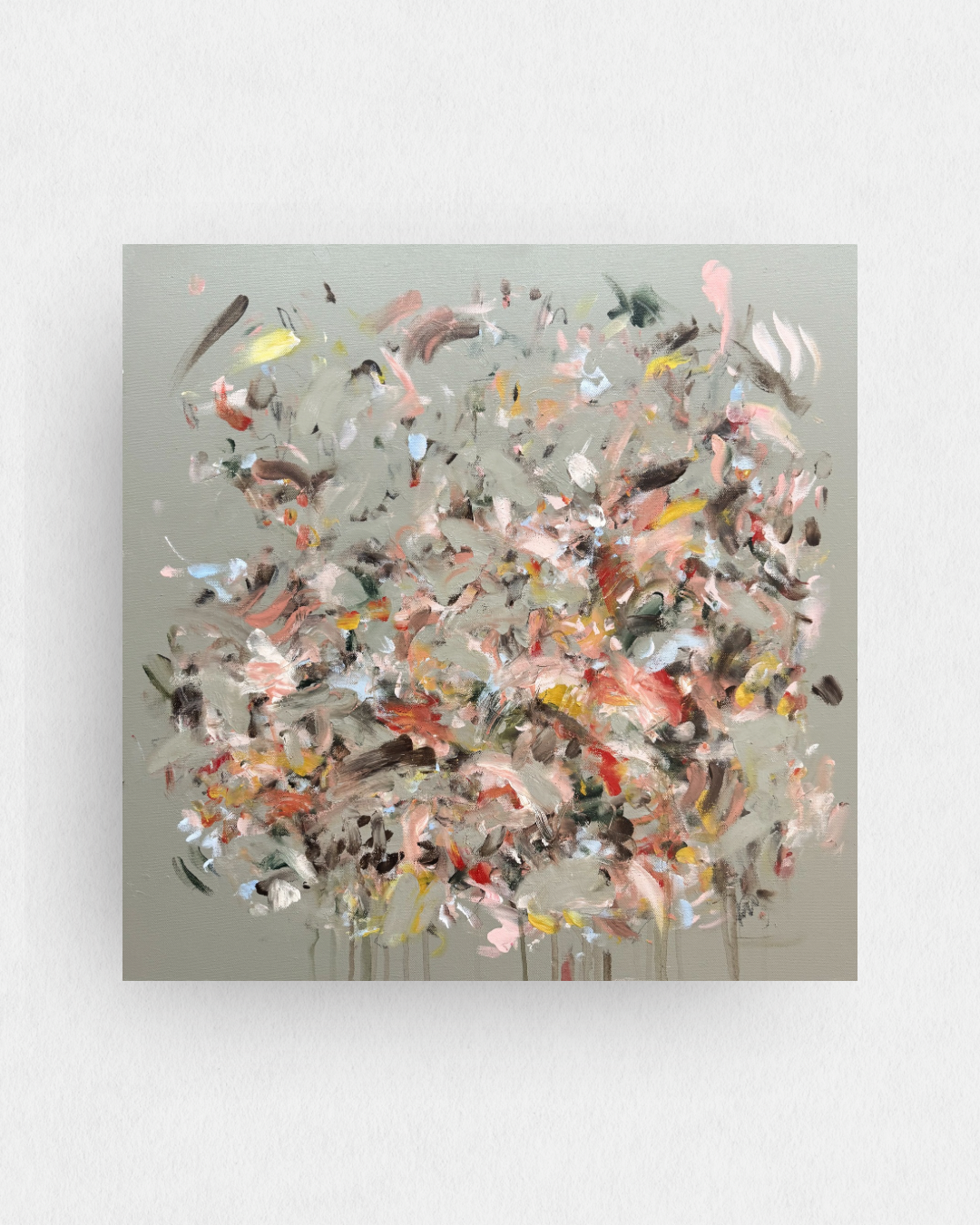 24x24" original abstract painting with soft green background and multicolor marks