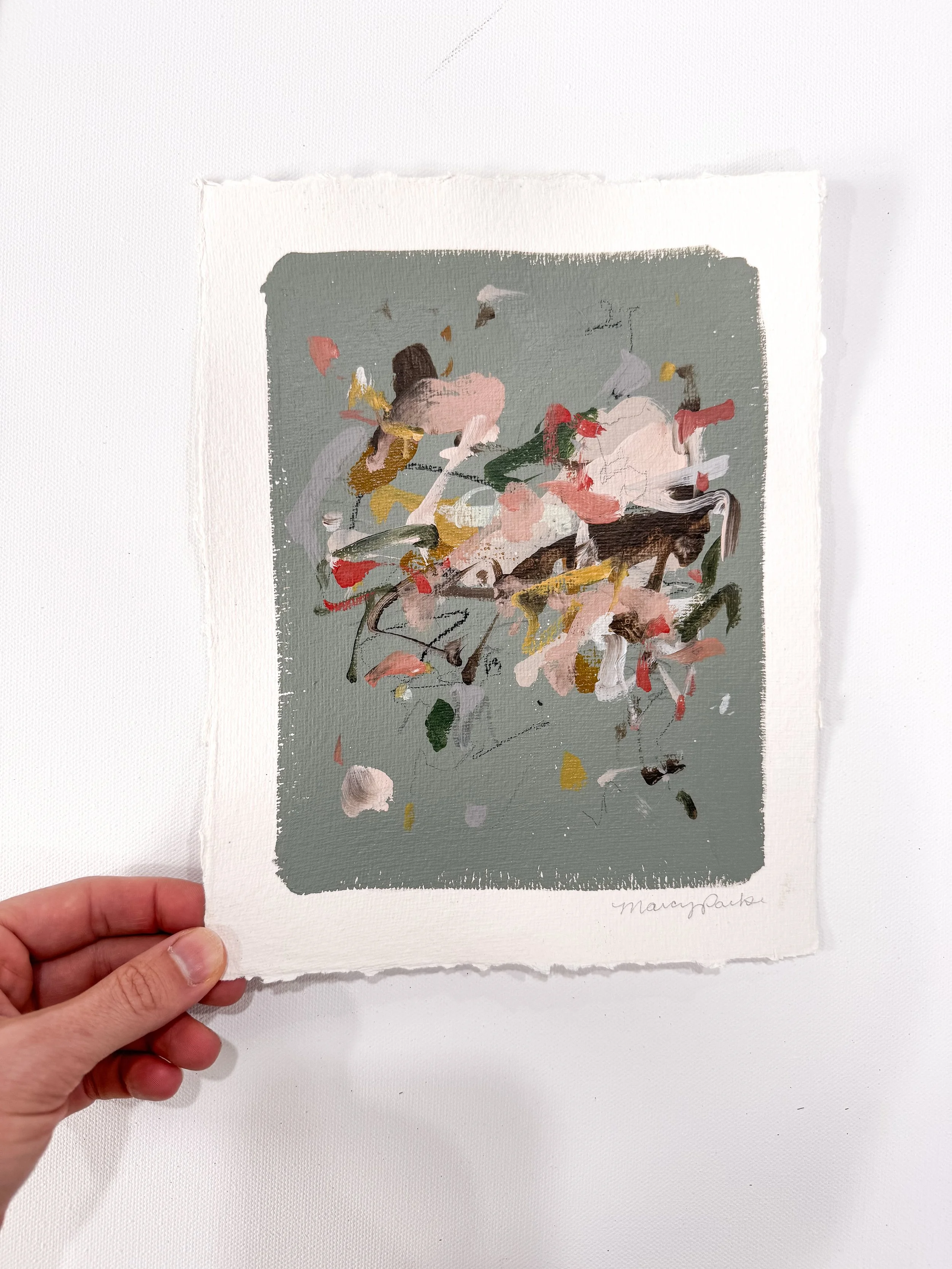 Original Abstract Painting on handmade paper with a dark sage green background with multicolor marks