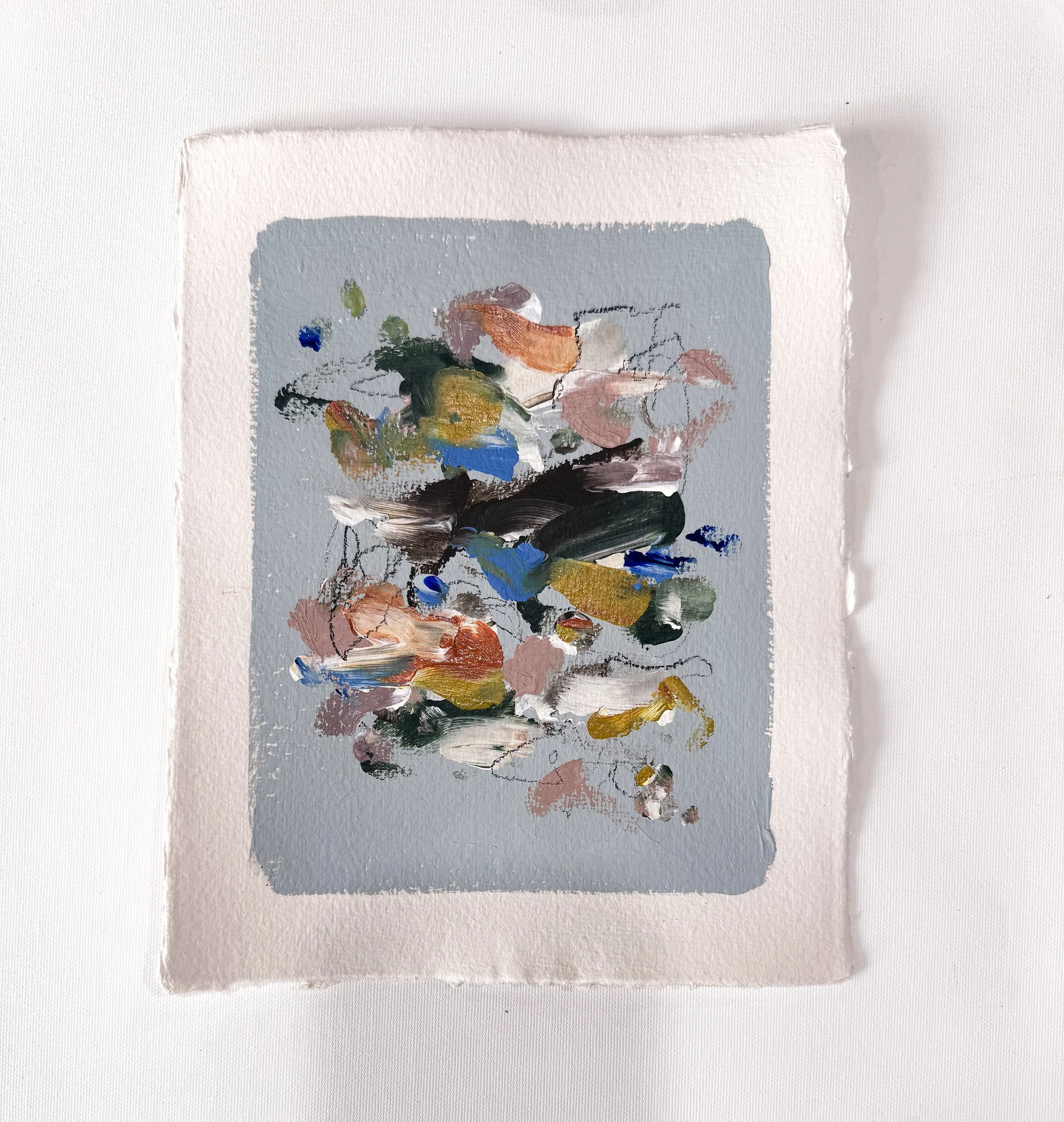 Small original abstract painting on handmade paper with light blue background and multicolor marks