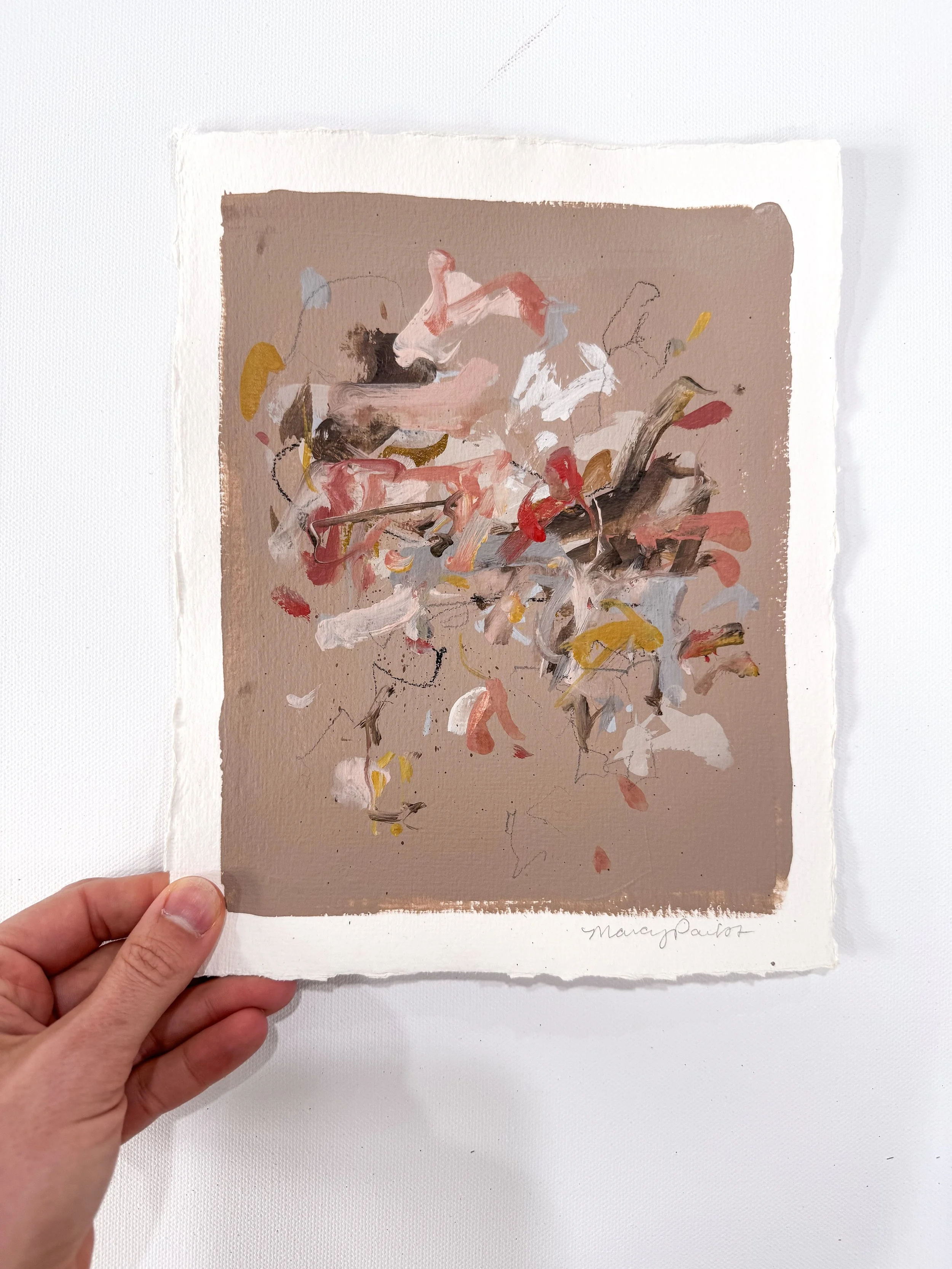 Original Abstract Painting on handmade paper with taupe background and multicolor marks