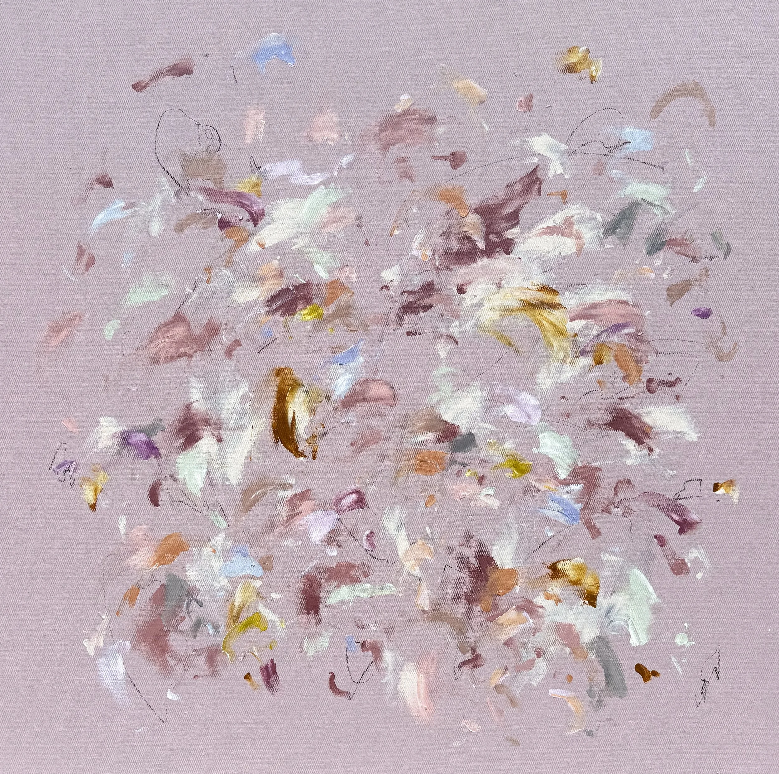 Ostara, a large abstract painting by Marcy Parks with blush background 