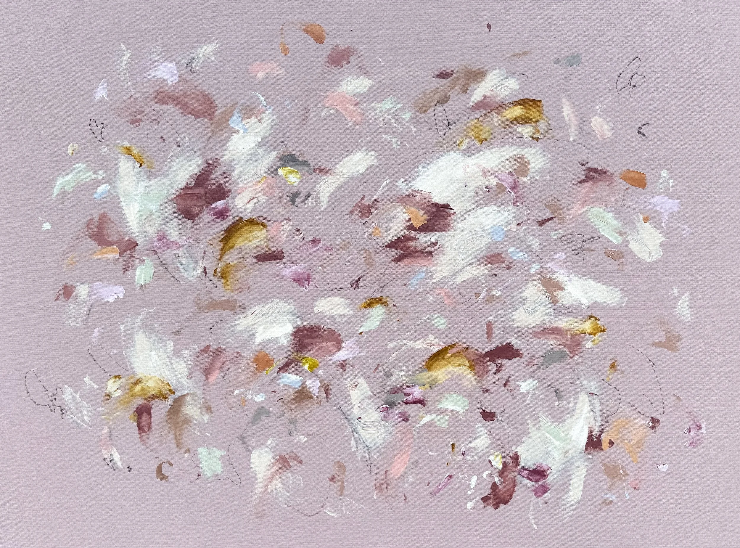 May Day, large abstract painting by Marcy Parks with blush background 