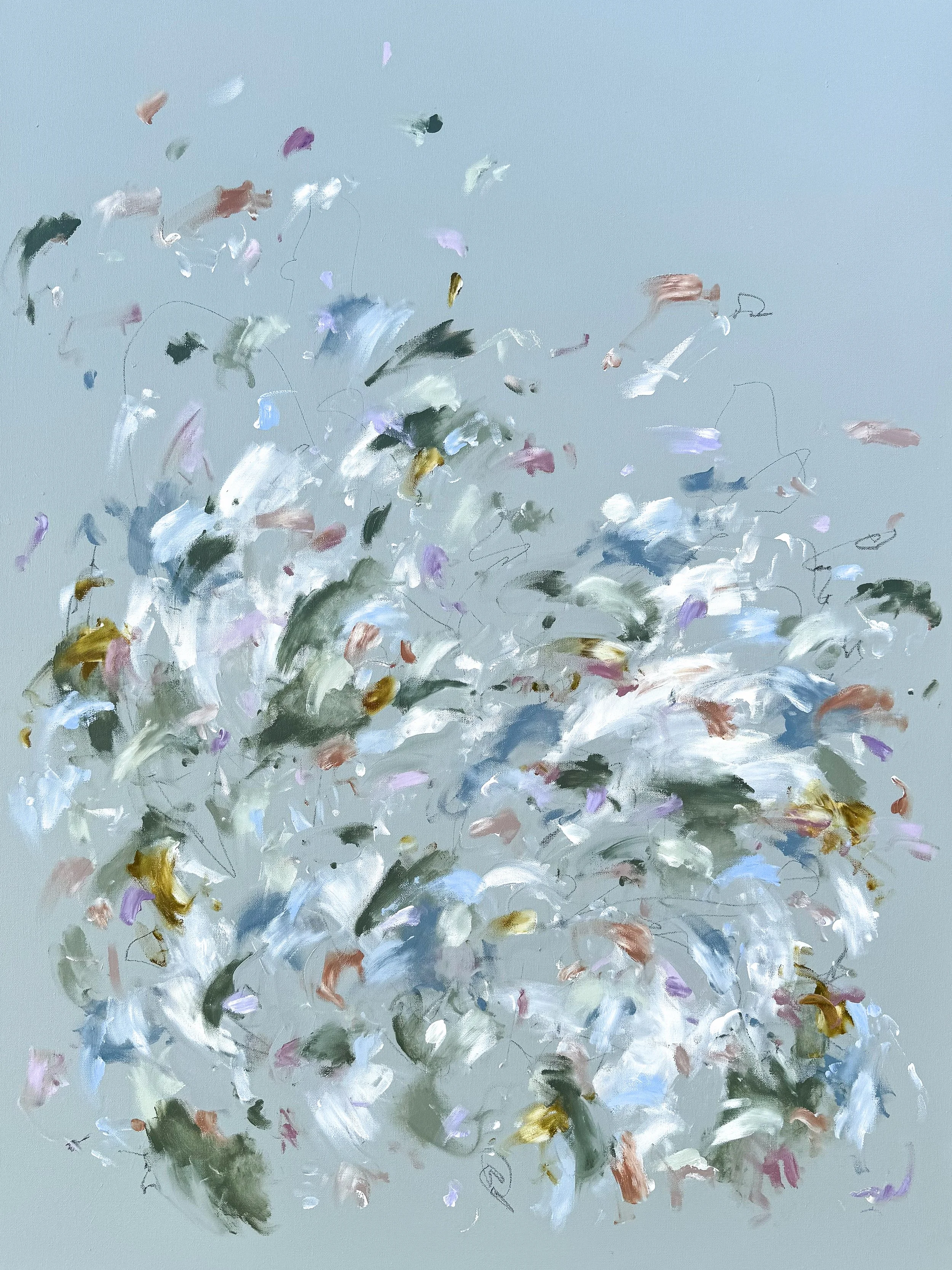 May Flowers, a large abstract painting by Marcy Parks with a soft green background