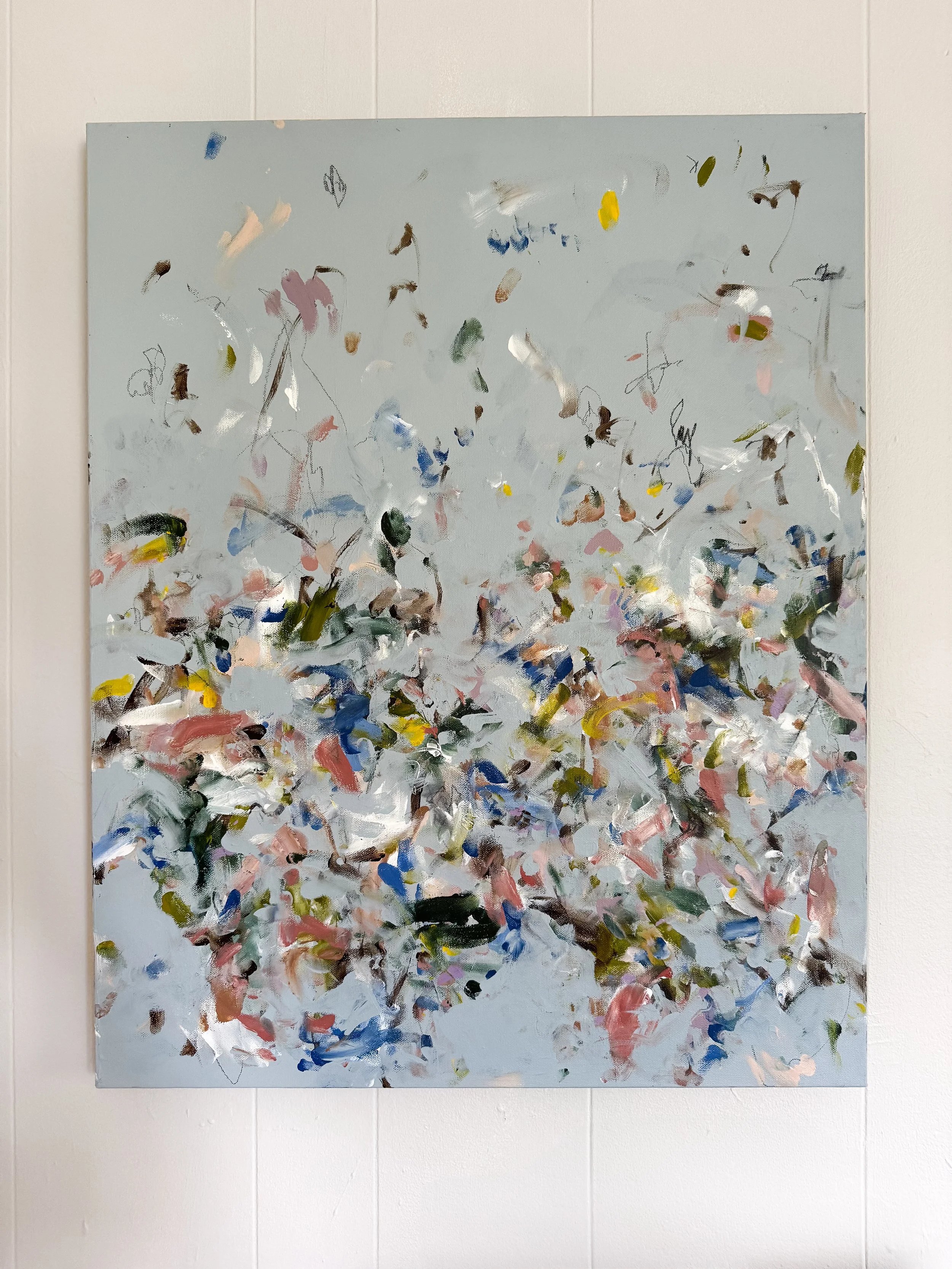 original abstract painting with icy blue background and multicolor marks