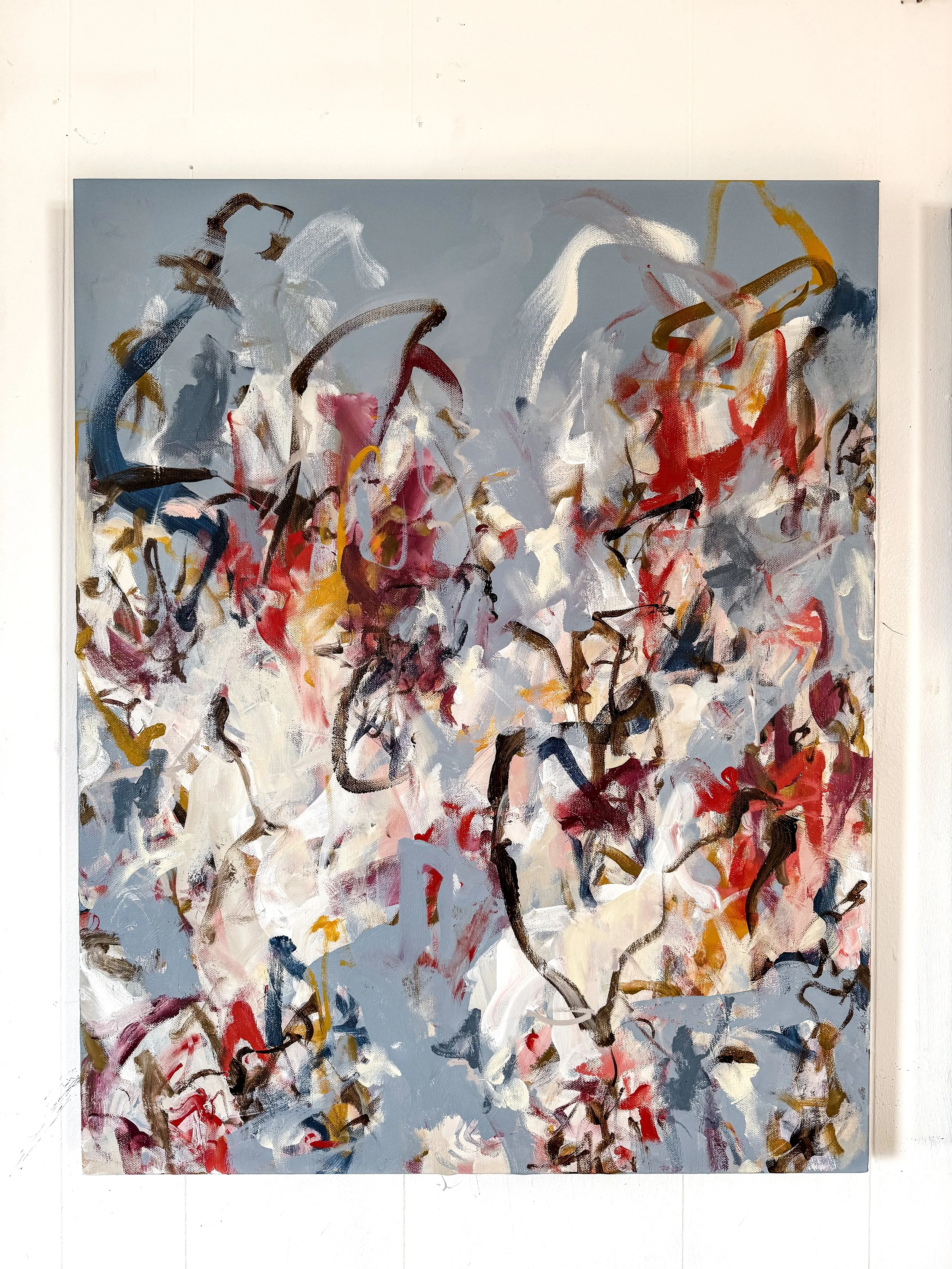 24x30 inches original abstract painting with powder blue background and multicolor shapes and marks