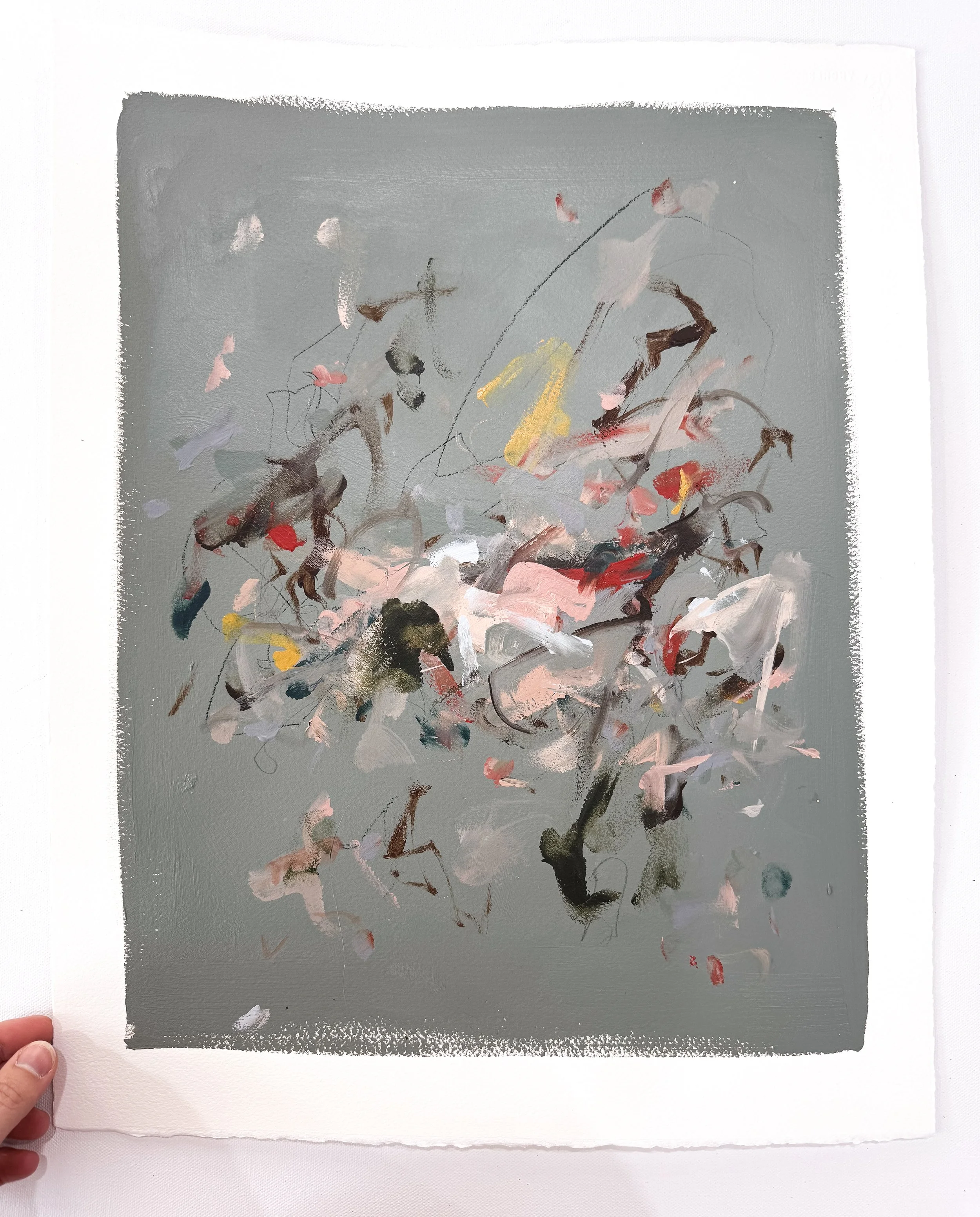 Original abstract painting on paper with green background and multicolor marks