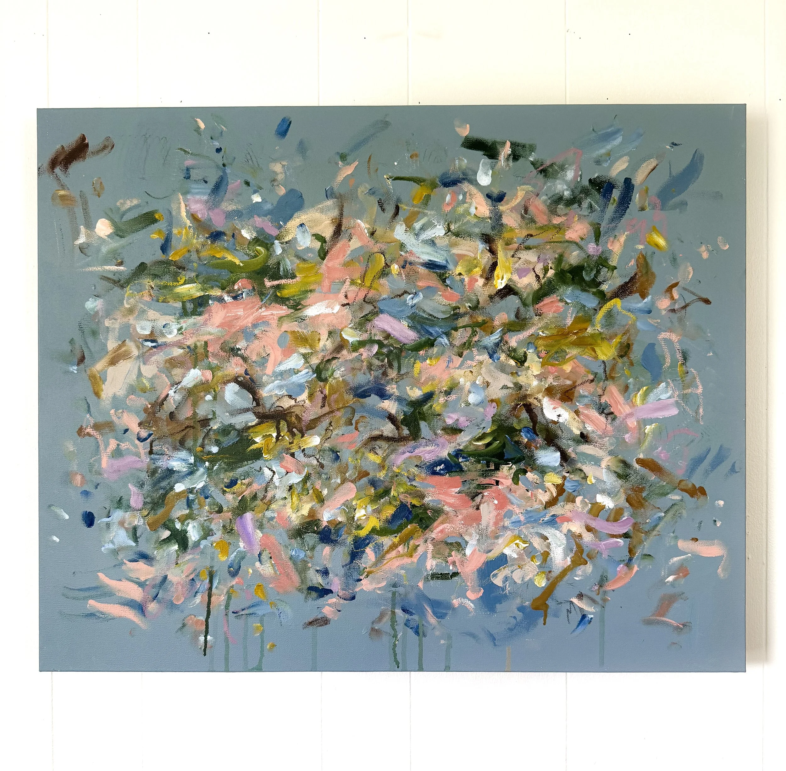 24x30 inches original abstract painting with powder blue background and multicolor marks