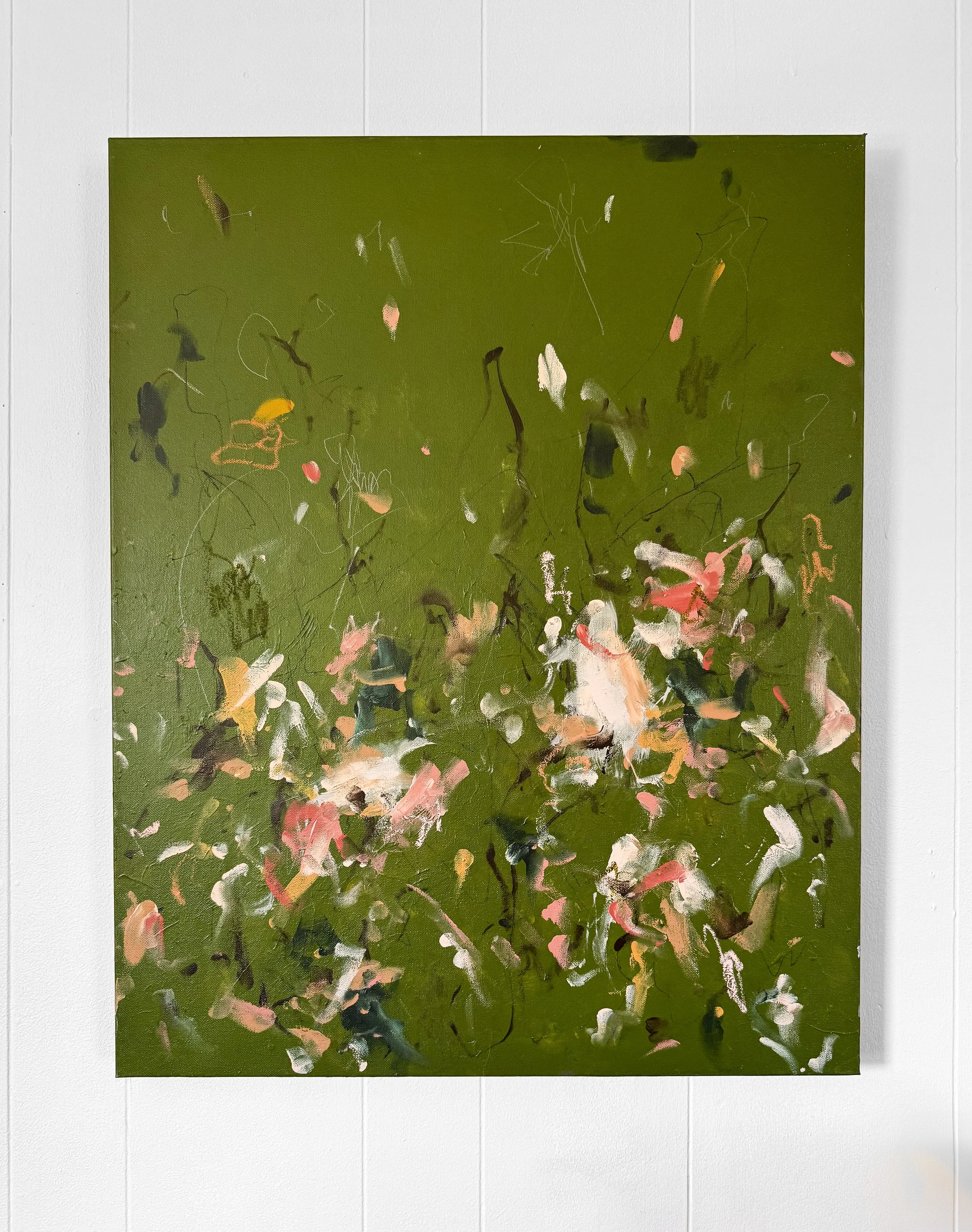 30x24 inches original abstract painting with hunter green background and multicolor marks