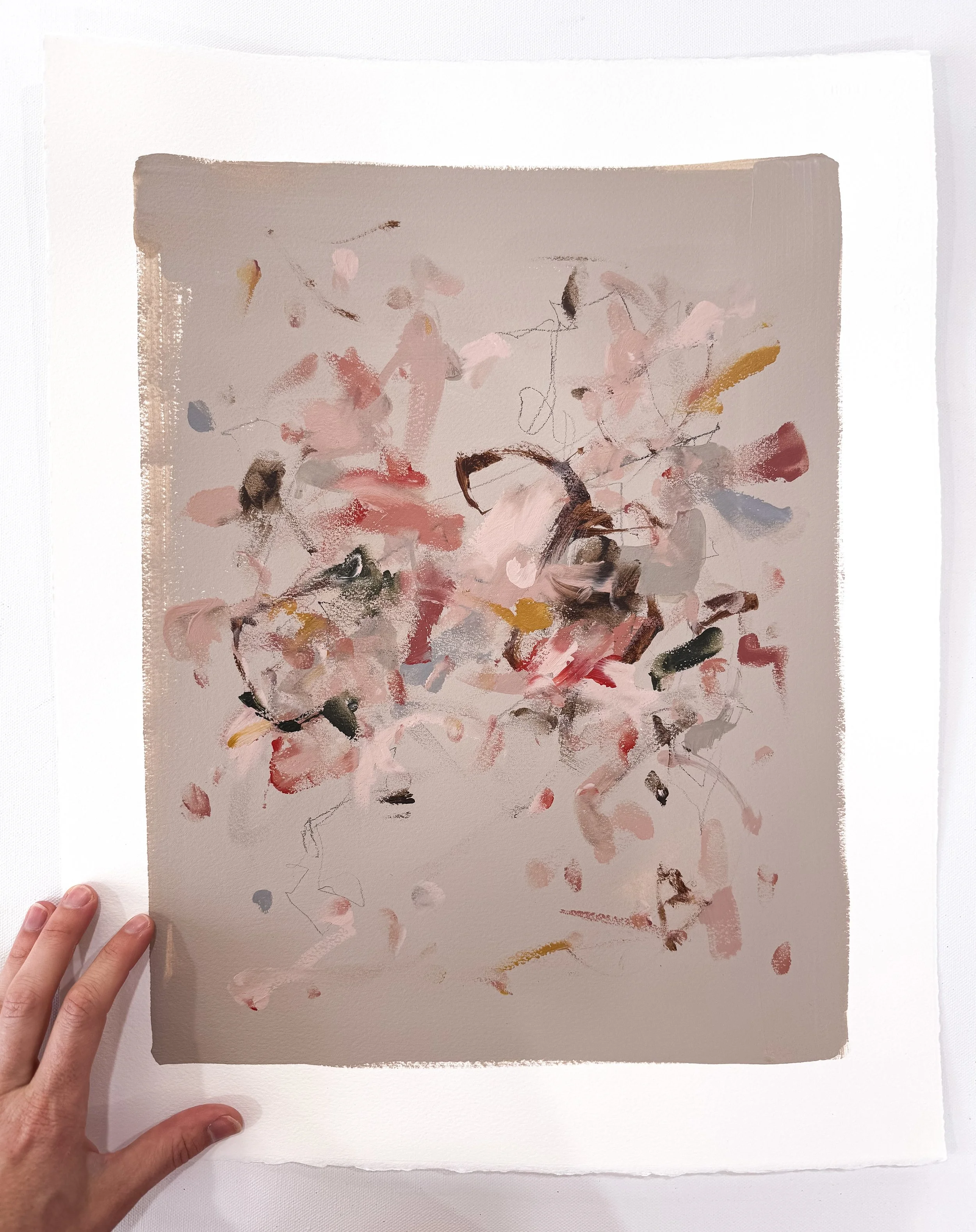 Original abstract painting on paper with taupe background and multicolor marks