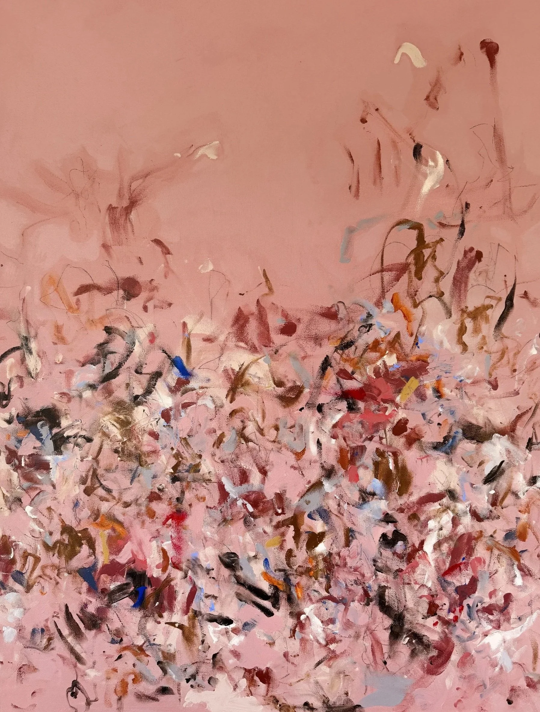 detailed view of original abstract painting with pink background and multicolor marks