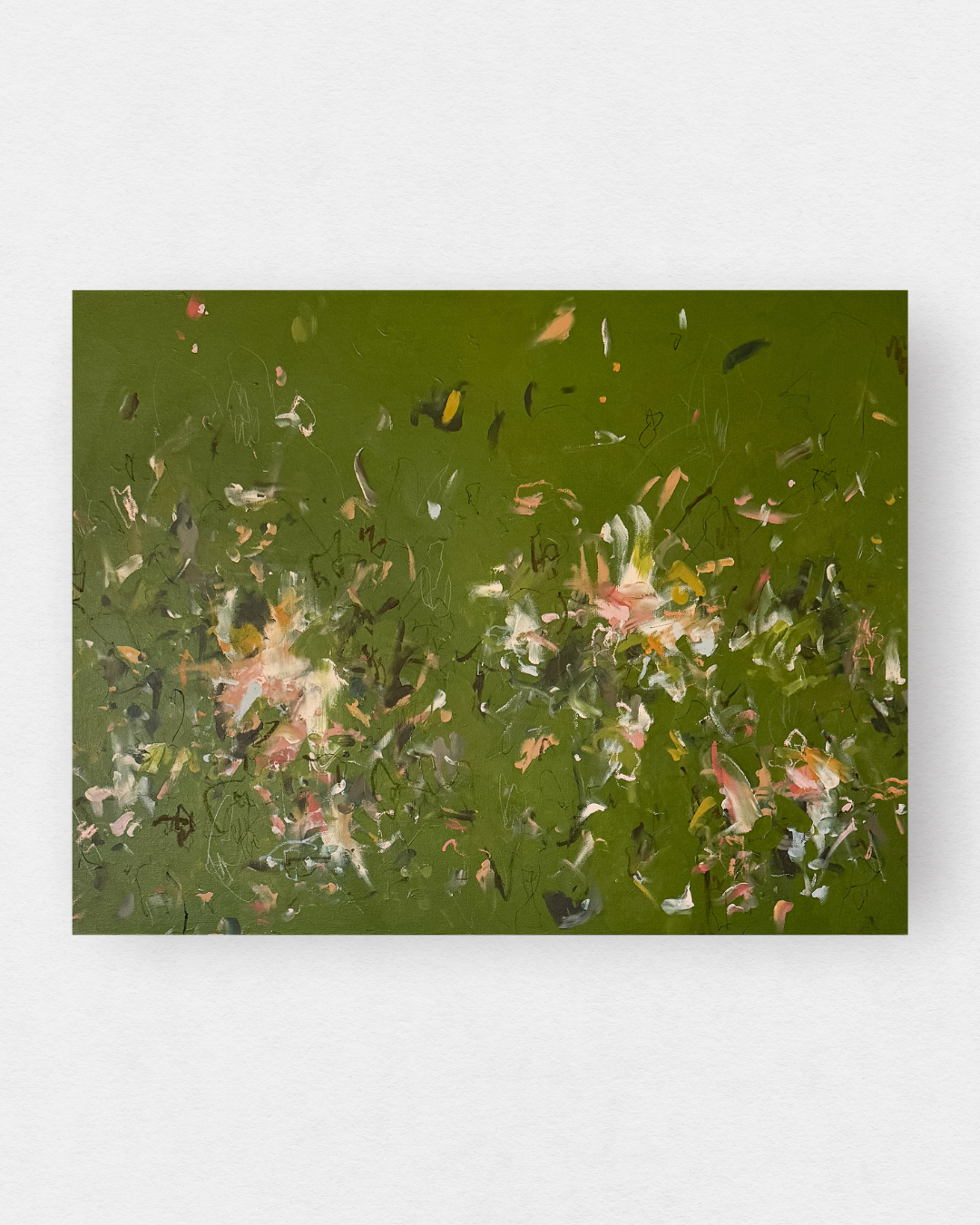 original abstract painting with olive green background and multicolor marks