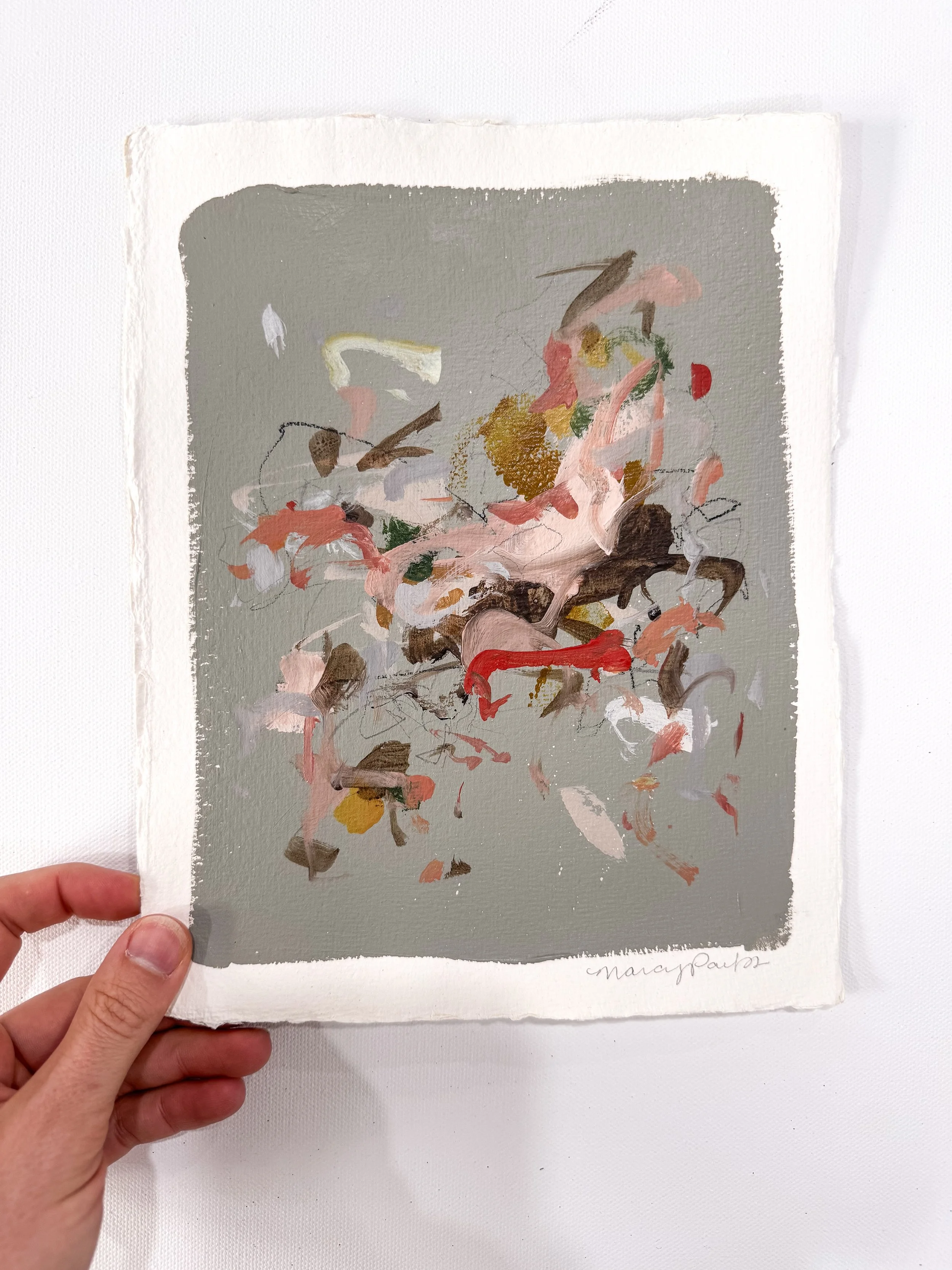 Original abstract painting on handmade paper with a light sage green background and multicolor marks