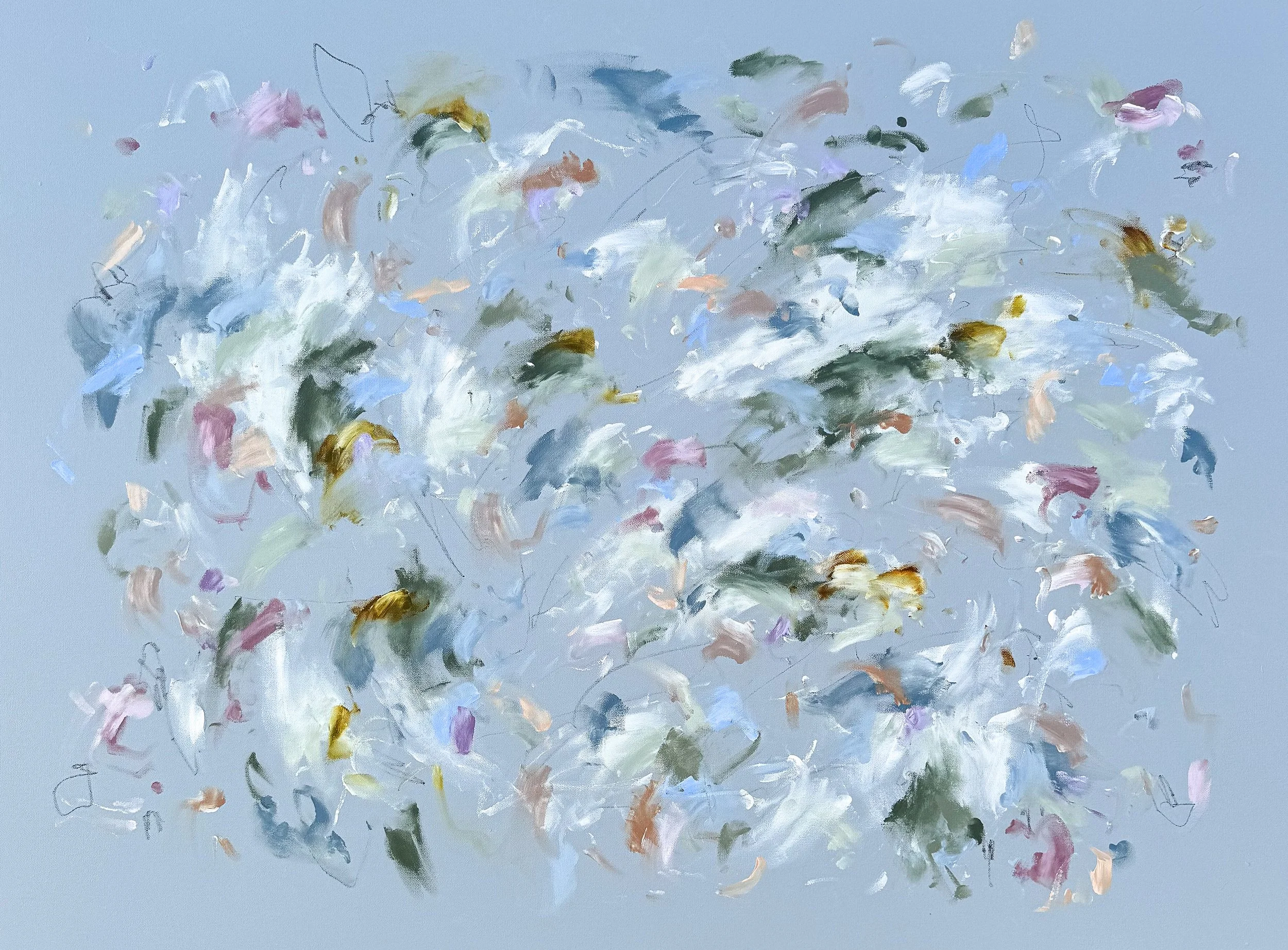 Spring Equinox, a large abstract painting with a light blue background by Marcy Parks 